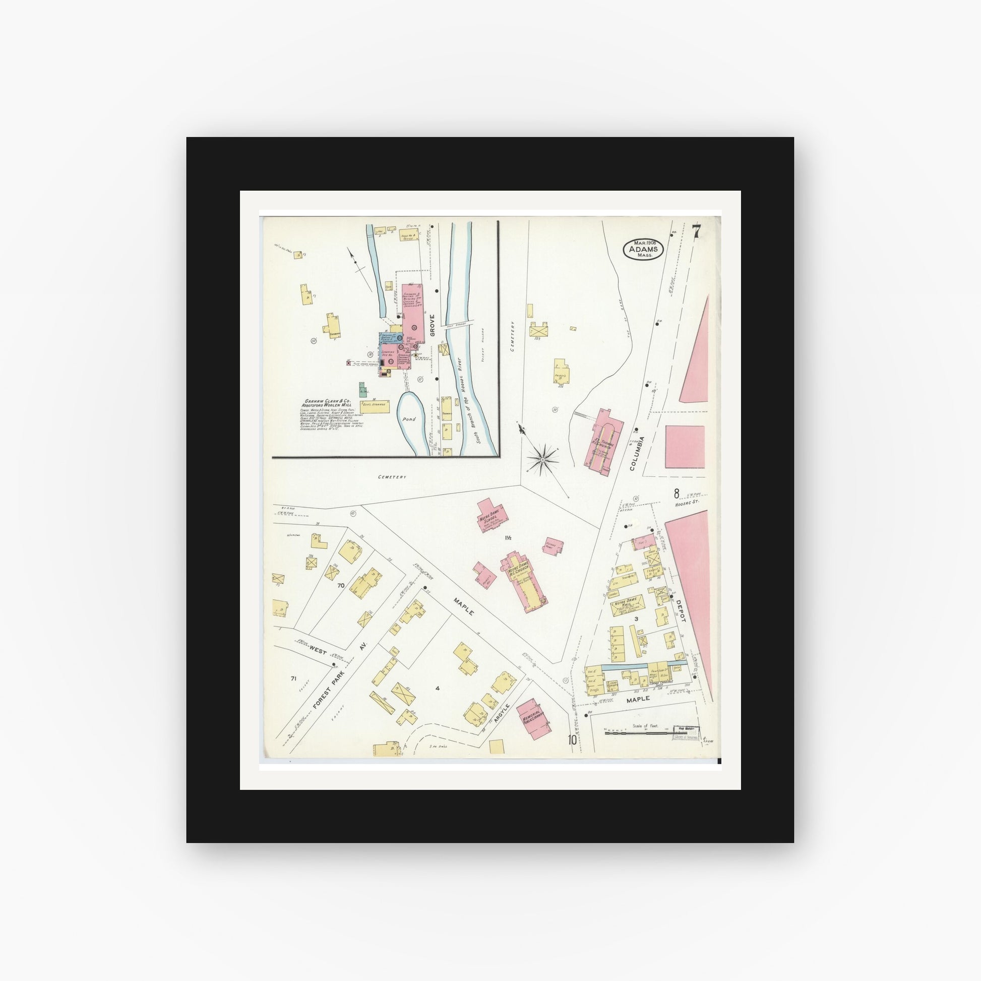 Old map wall art mockup — black gallery frame with white mat — Sanborn Fire Insurance Map from Adams, Berkshire County, Massachusetts (1908), Sheet #0007