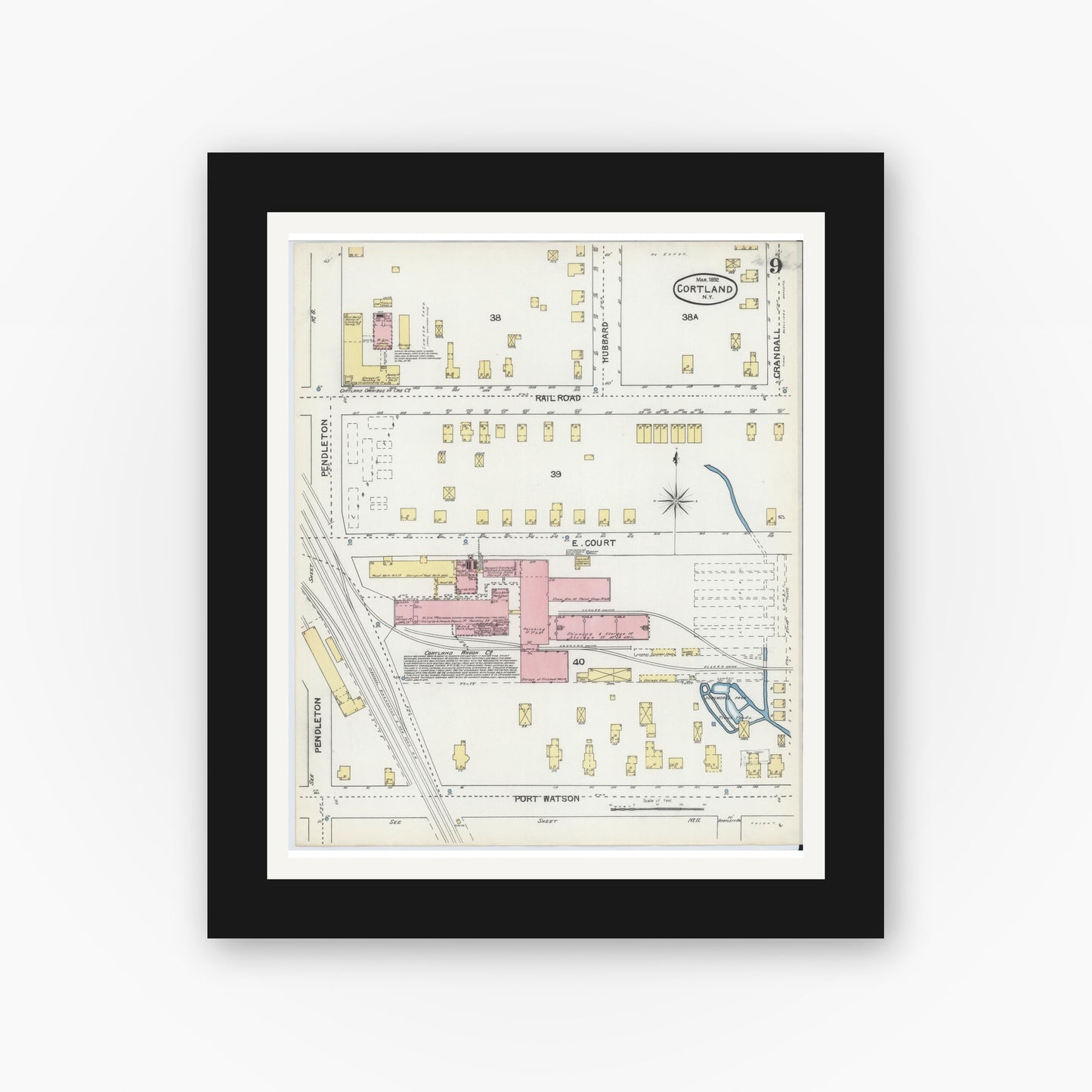 Old map wall art mockup — black gallery frame with white mat — Sanborn Fire Insurance Map from Cortland, Cortland County, New York (1892), Sheet #0009