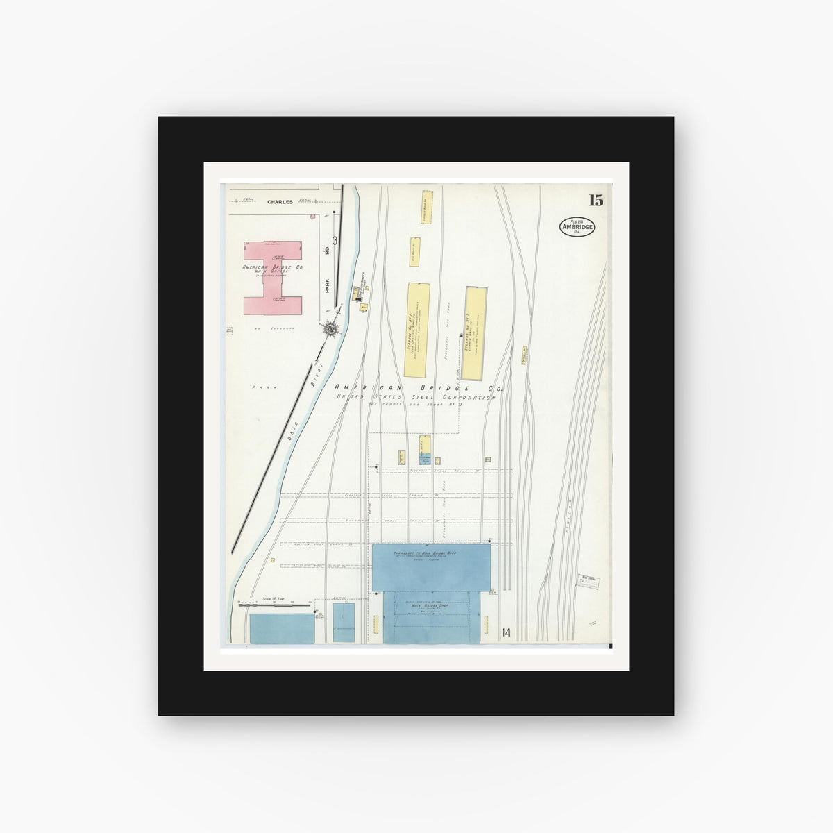 Old map wall art mockup — black gallery frame with white mat — Sanborn Fire Insurance Map from Ambridge, Beaver County, Pennsylvania (1911), Sheet #0015