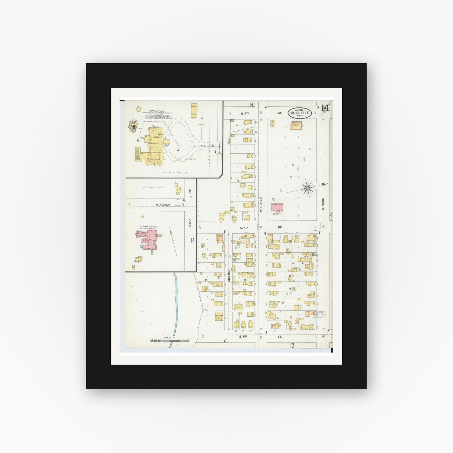 Old map wall art mockup — black gallery frame with white mat — Sanborn Fire Insurance Map from Marquette, Marquette County, Michigan (1904), Sheet #0014