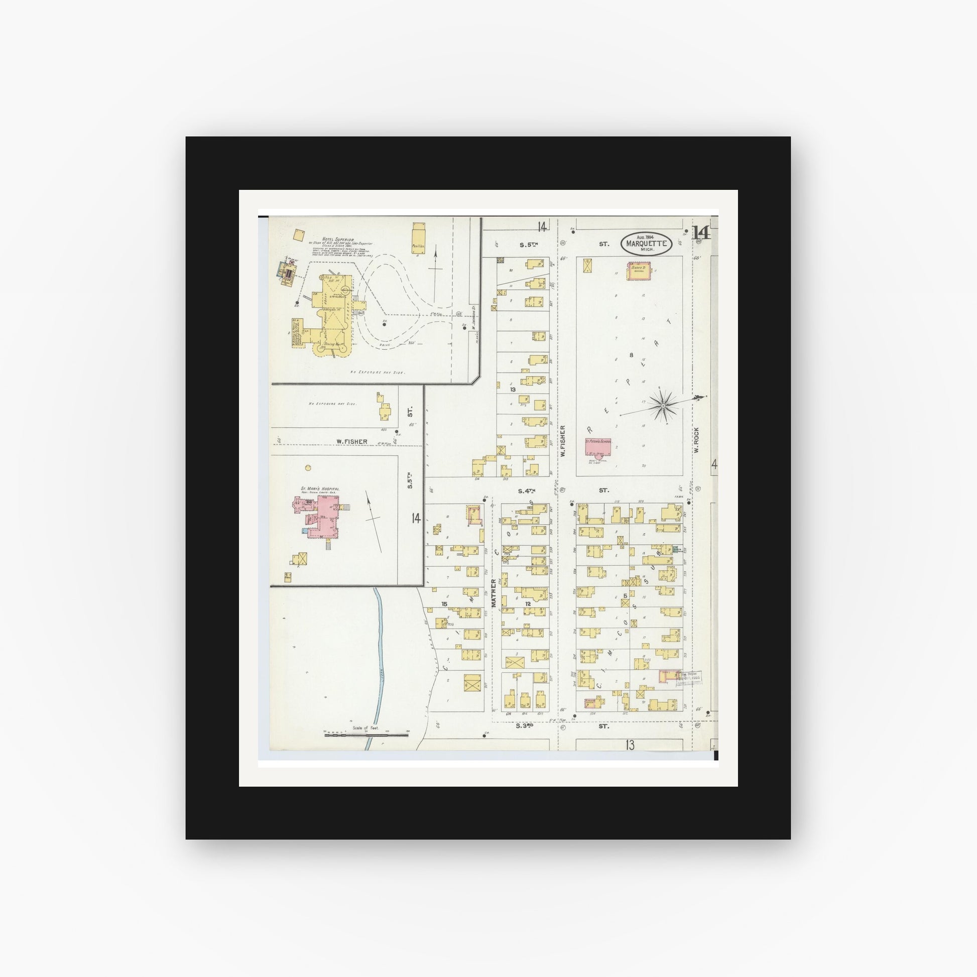 Old map wall art mockup — black gallery frame with white mat — Sanborn Fire Insurance Map from Marquette, Marquette County, Michigan (1904), Sheet #0014