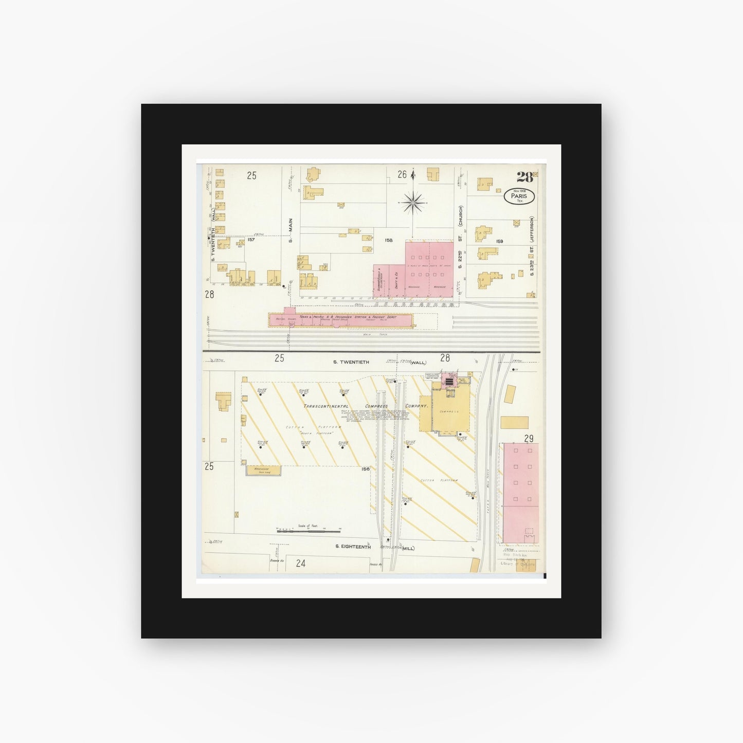 Old map wall art mockup — black gallery frame with white mat — Sanborn Fire Insurance Map from Paris, Lamar County, Texas (1908), Sheet #0028