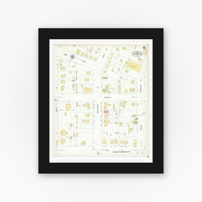 Old map wall art mockup — black gallery frame with white mat — Sanborn Fire Insurance Map from San Angelo, Tom Green County, Texas (1908), Sheet #0009