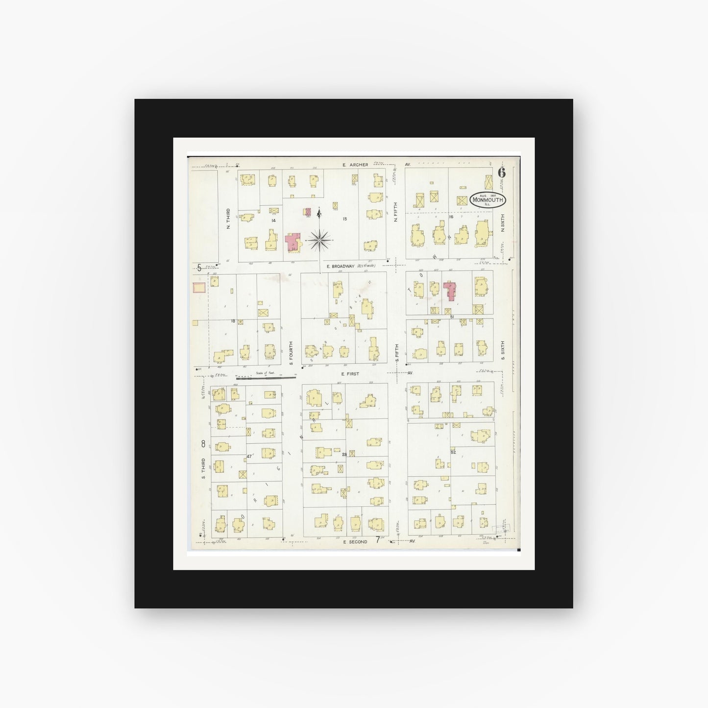 Old map wall art mockup — black gallery frame with white mat — Sanborn Fire Insurance Map from Monmouth, Warren County, Illinois (1907), Sheet #0006