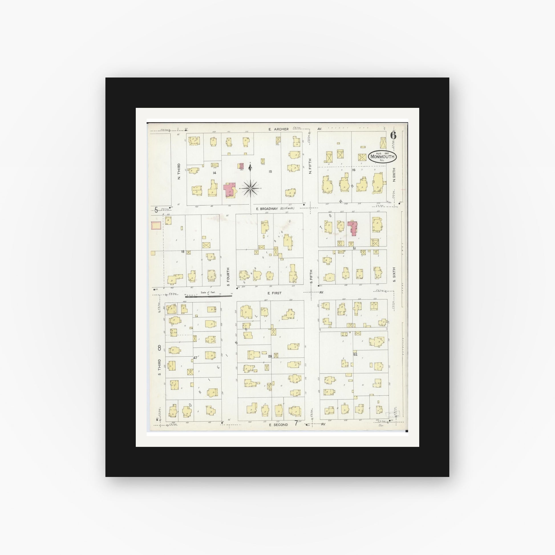 Old map wall art mockup — black gallery frame with white mat — Sanborn Fire Insurance Map from Monmouth, Warren County, Illinois (1907), Sheet #0006