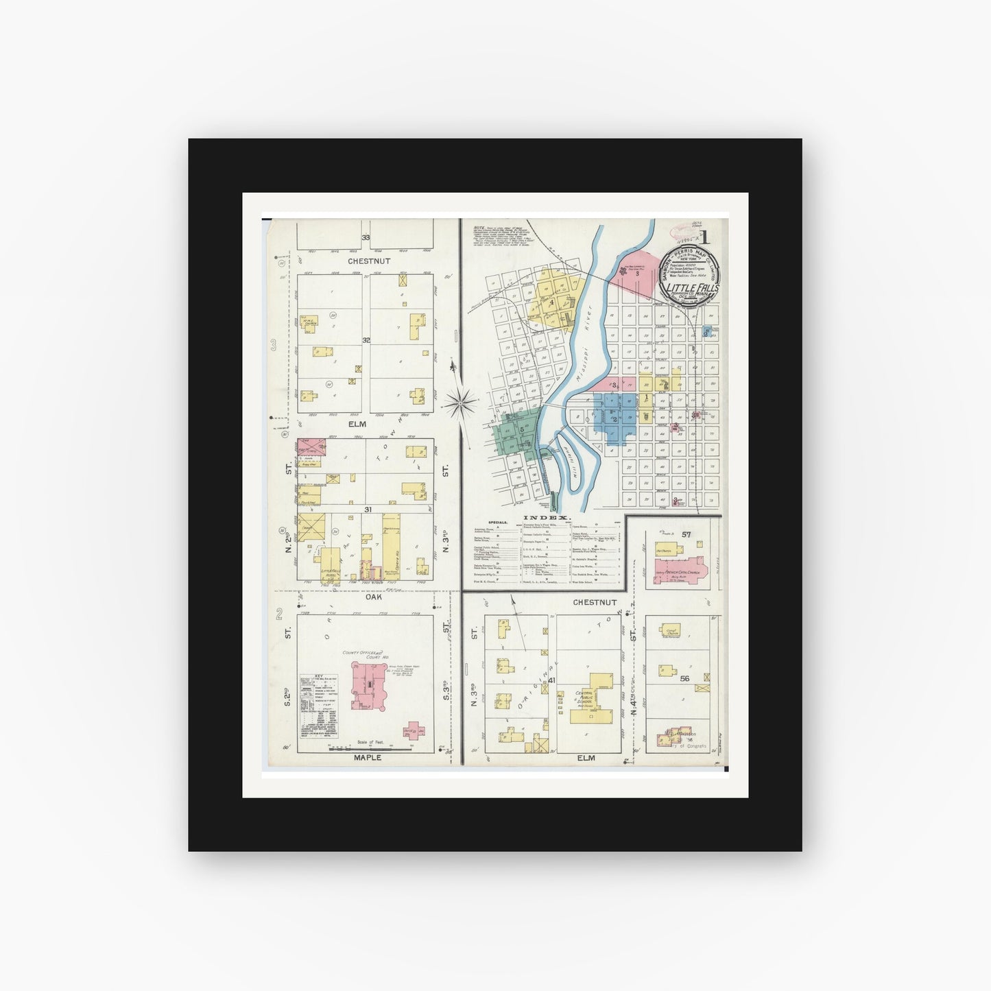 Old map wall art mockup — black gallery frame with white mat — Sanborn Fire Insurance Map from Little Falls, Morrison County, Minnesota (1892) - Complete Map Set
