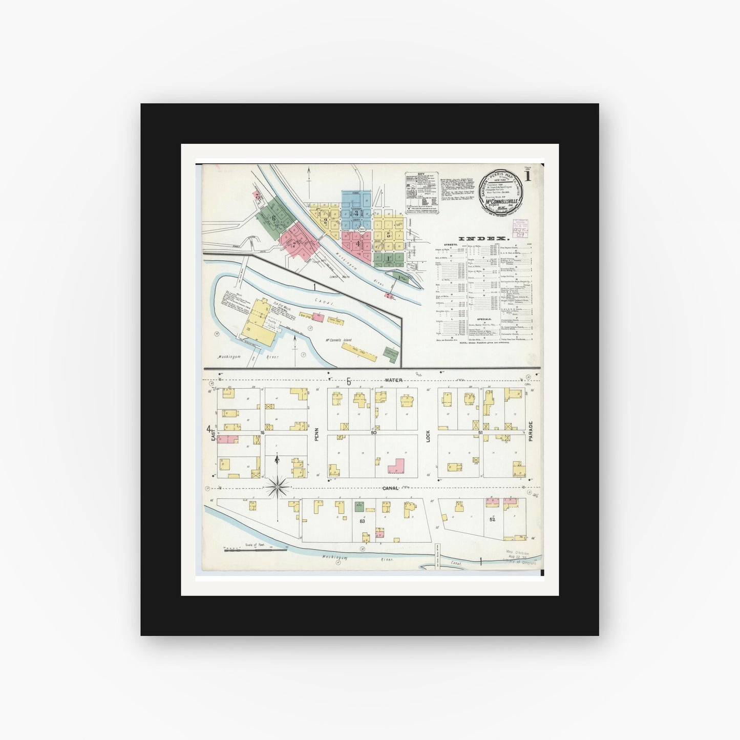 Old map wall art mockup — black gallery frame with white mat — Sanborn Fire Insurance Map from McConnelsville, Morgan County, Ohio (1901), Sheet #0001