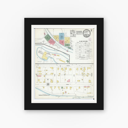 Old map wall art mockup — black gallery frame with white mat — Sanborn Fire Insurance Map from McConnelsville, Morgan County, Ohio (1901), Sheet #0001