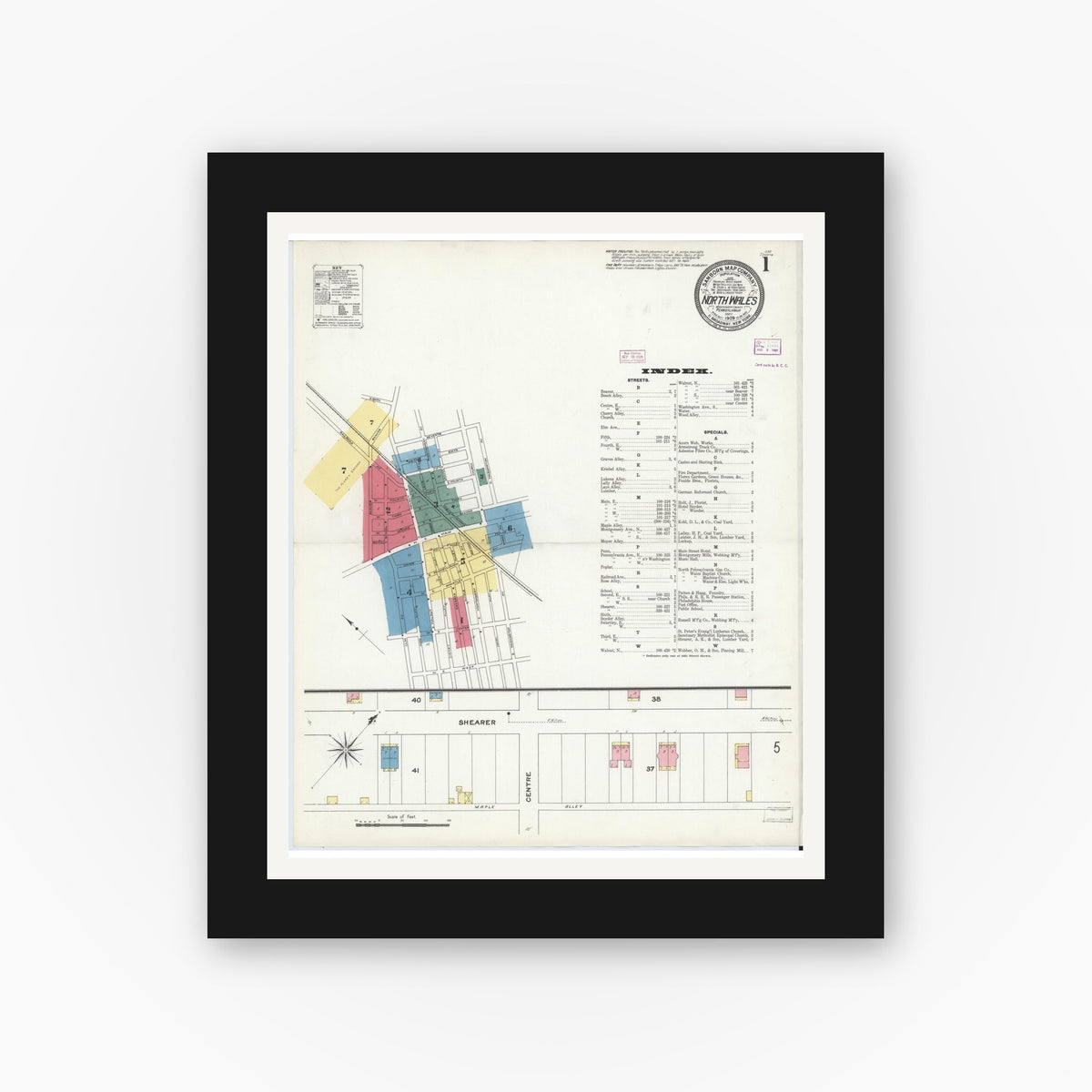 Old map wall art mockup — black gallery frame with white mat — Sanborn Fire Insurance Map from North Wales, Montgomery County, Pennsylvania (1909) - Complete Map Set