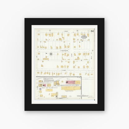Old map wall art mockup — black gallery frame with white mat — Sanborn Fire Insurance Map from Sherman, Grayson County, Texas (1908), Sheet #0034