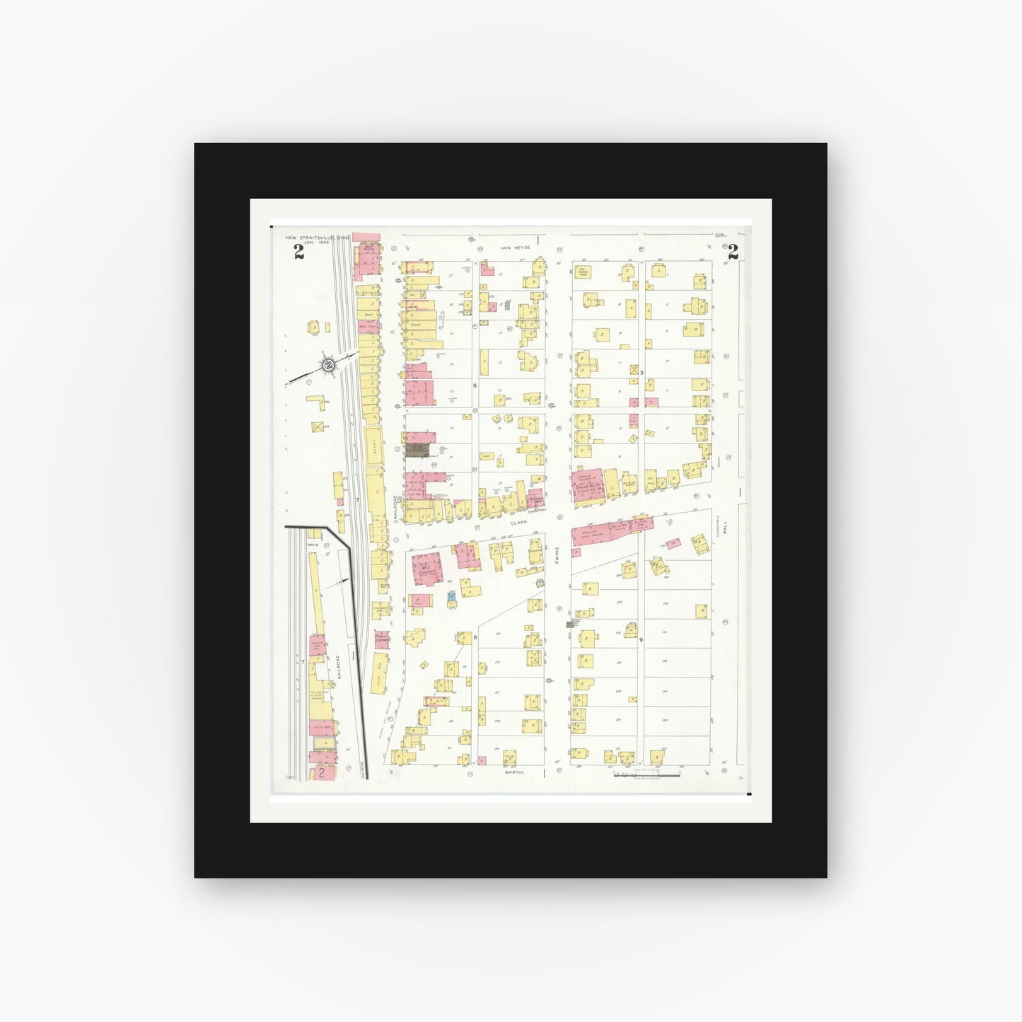 Old map wall art mockup — black gallery frame with white mat — Sanborn Fire Insurance Map from New Straitsville, Perry County, Ohio (1933), Sheet #0002