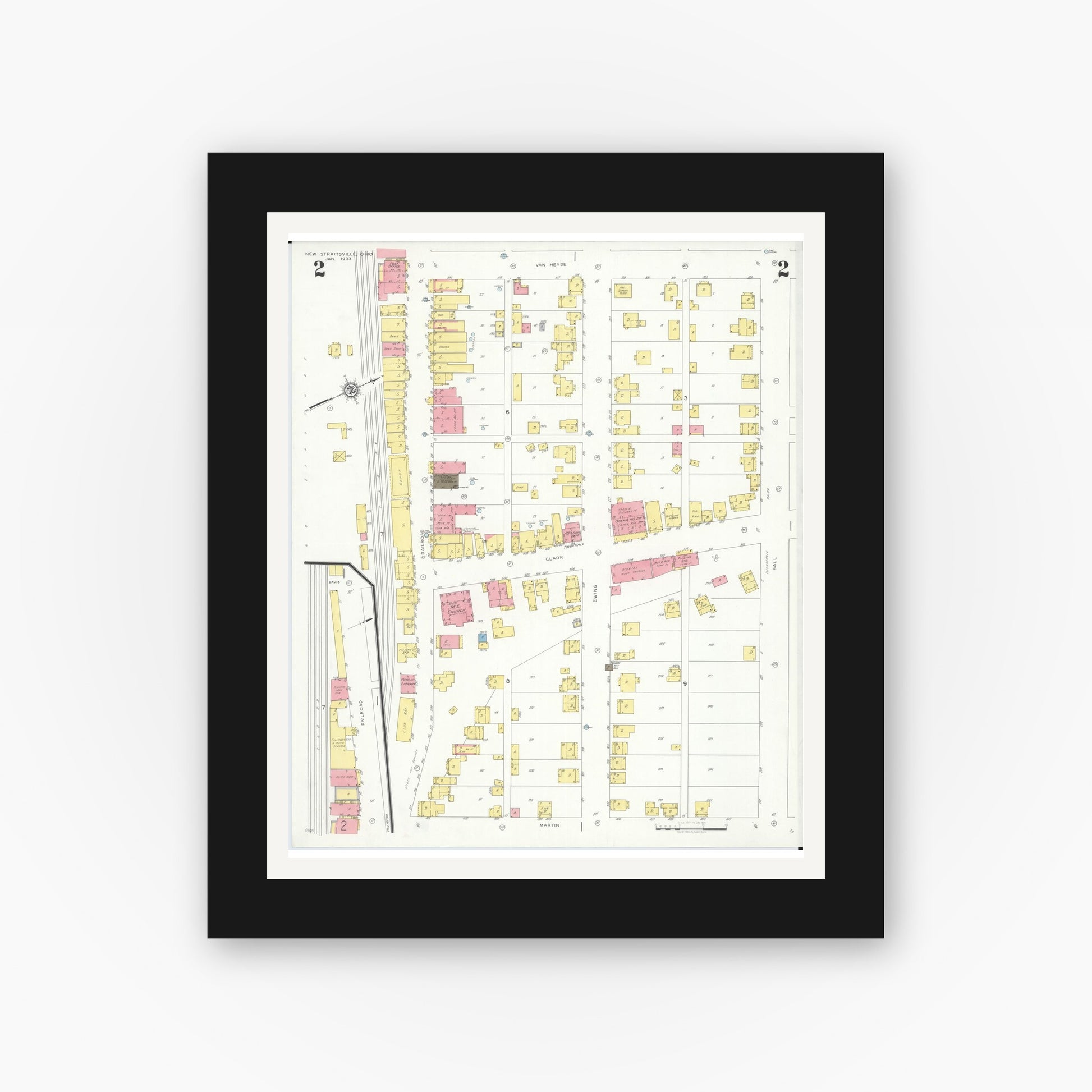Old map wall art mockup — black gallery frame with white mat — Sanborn Fire Insurance Map from New Straitsville, Perry County, Ohio (1933), Sheet #0002