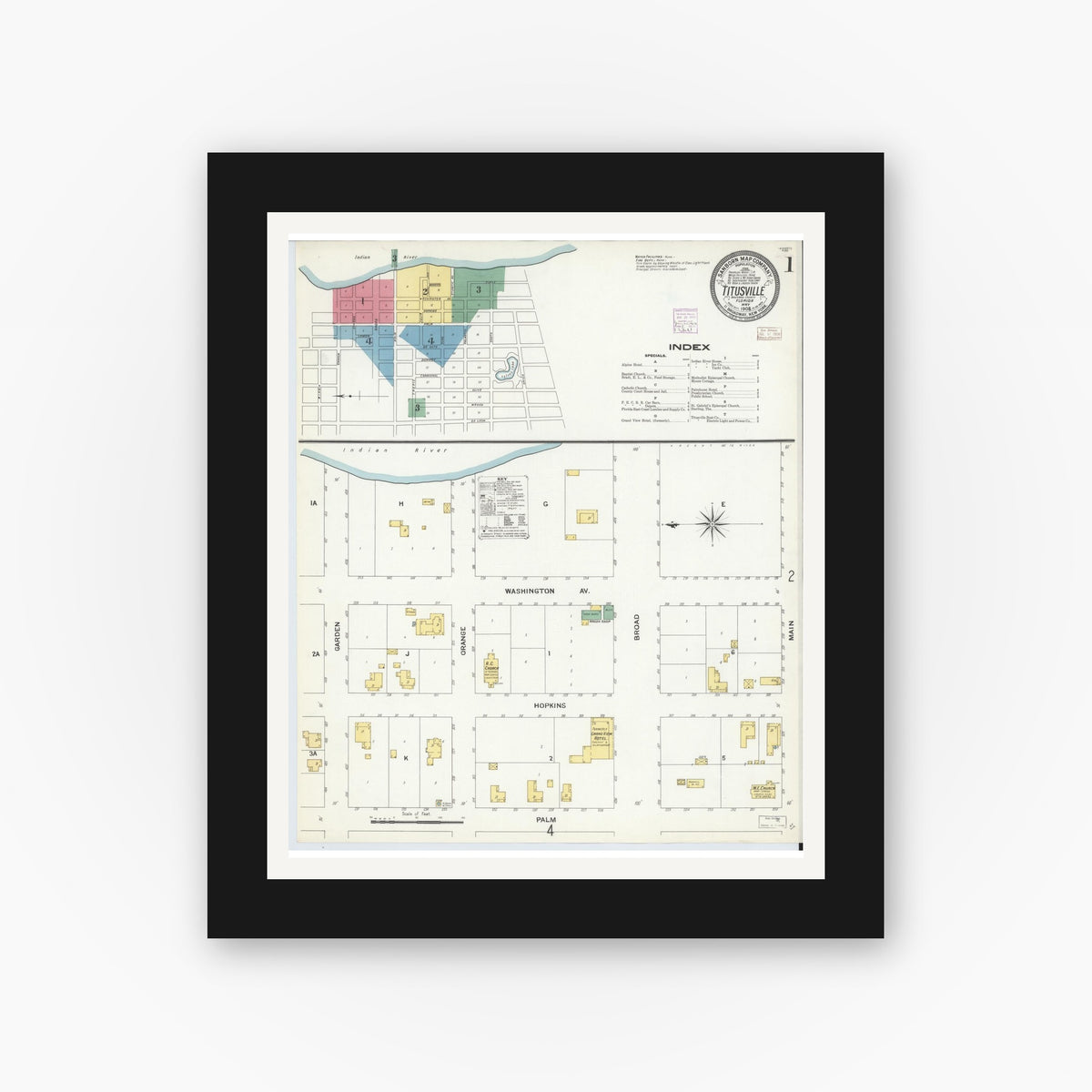Old map wall art mockup — black gallery frame with white mat — Sanborn Fire Insurance Map from Titusville, Brevard County, Florida (1908), Sheet #0001