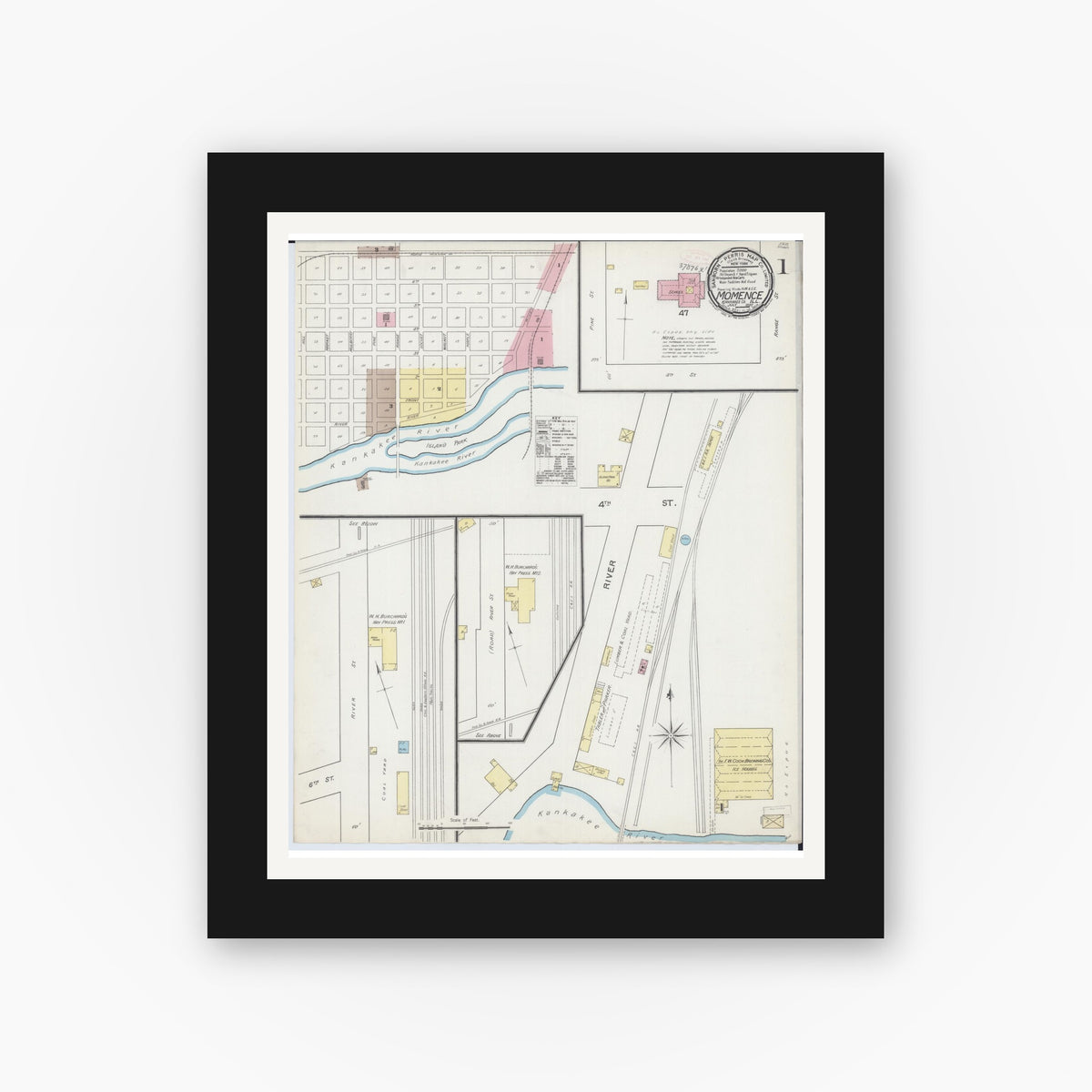 Old map wall art mockup — black gallery frame with white mat — Sanborn Fire Insurance Map from Momence, Kankakee County, Illinois (1892) - Complete Map Set