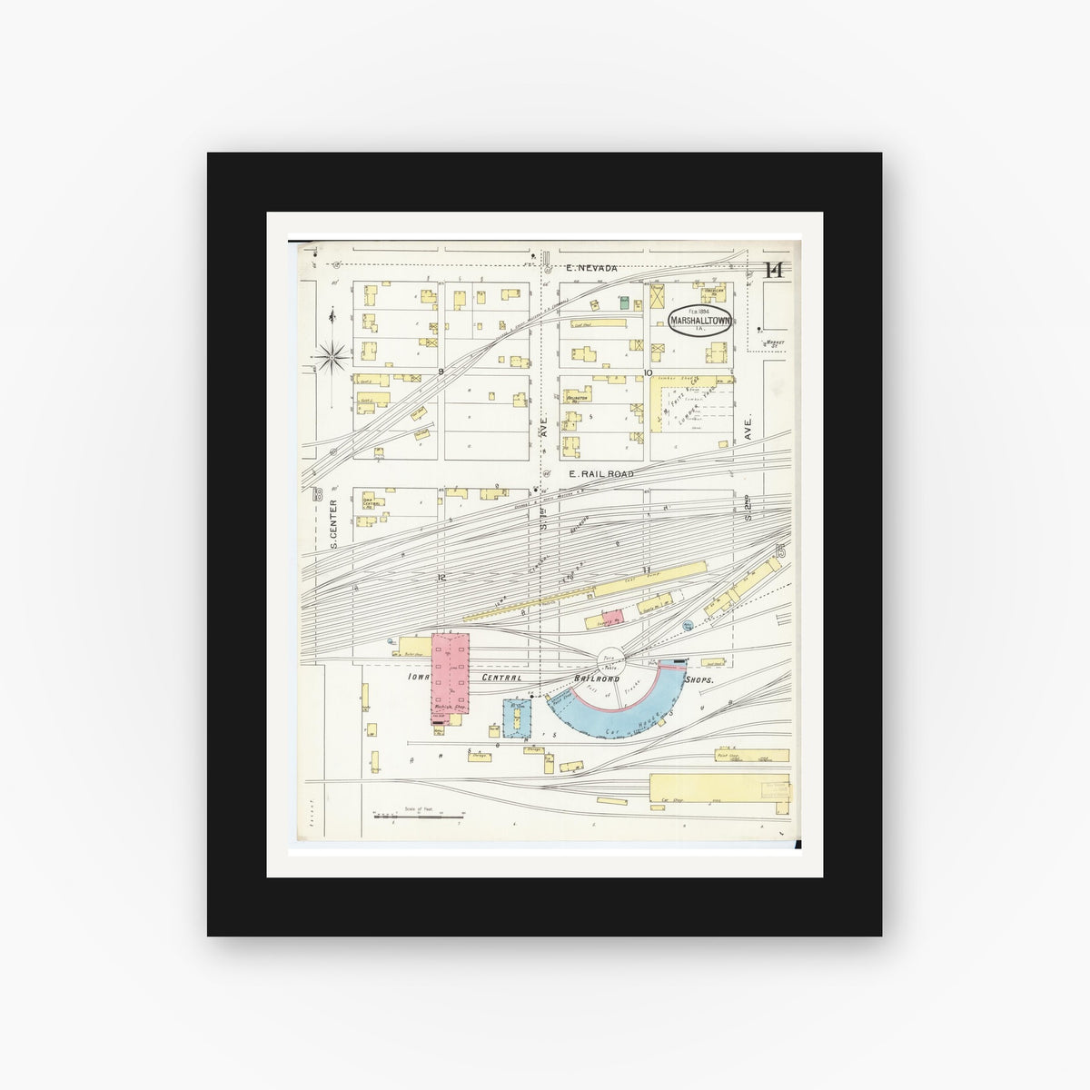 Old map wall art mockup — black gallery frame with white mat — Sanborn Fire Insurance Map from Marshalltown, Marshall County, Iowa (1894), Sheet #0014