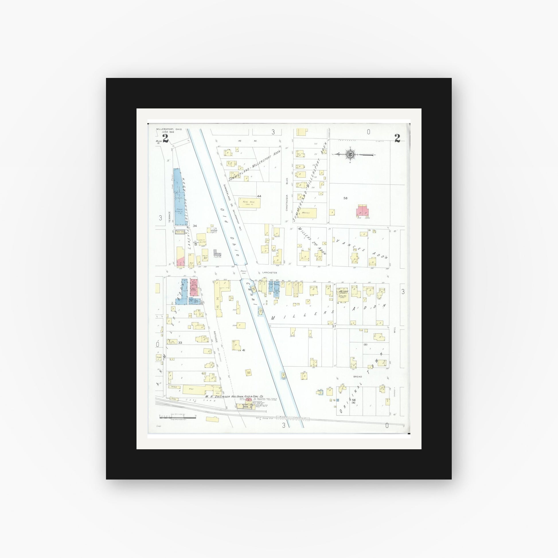 Old map wall art mockup — black gallery frame with white mat — Sanborn Fire Insurance Map from Millersport, Fairfield County, Ohio (1946), Sheet #0002