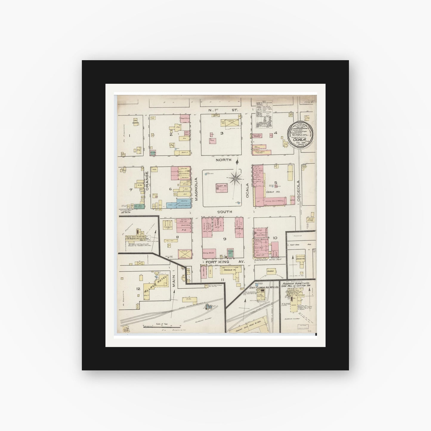 Old map wall art mockup — black gallery frame with white mat — Sanborn Fire Insurance Map from Ocala, Marion County, Florida (1886), Sheet #0001