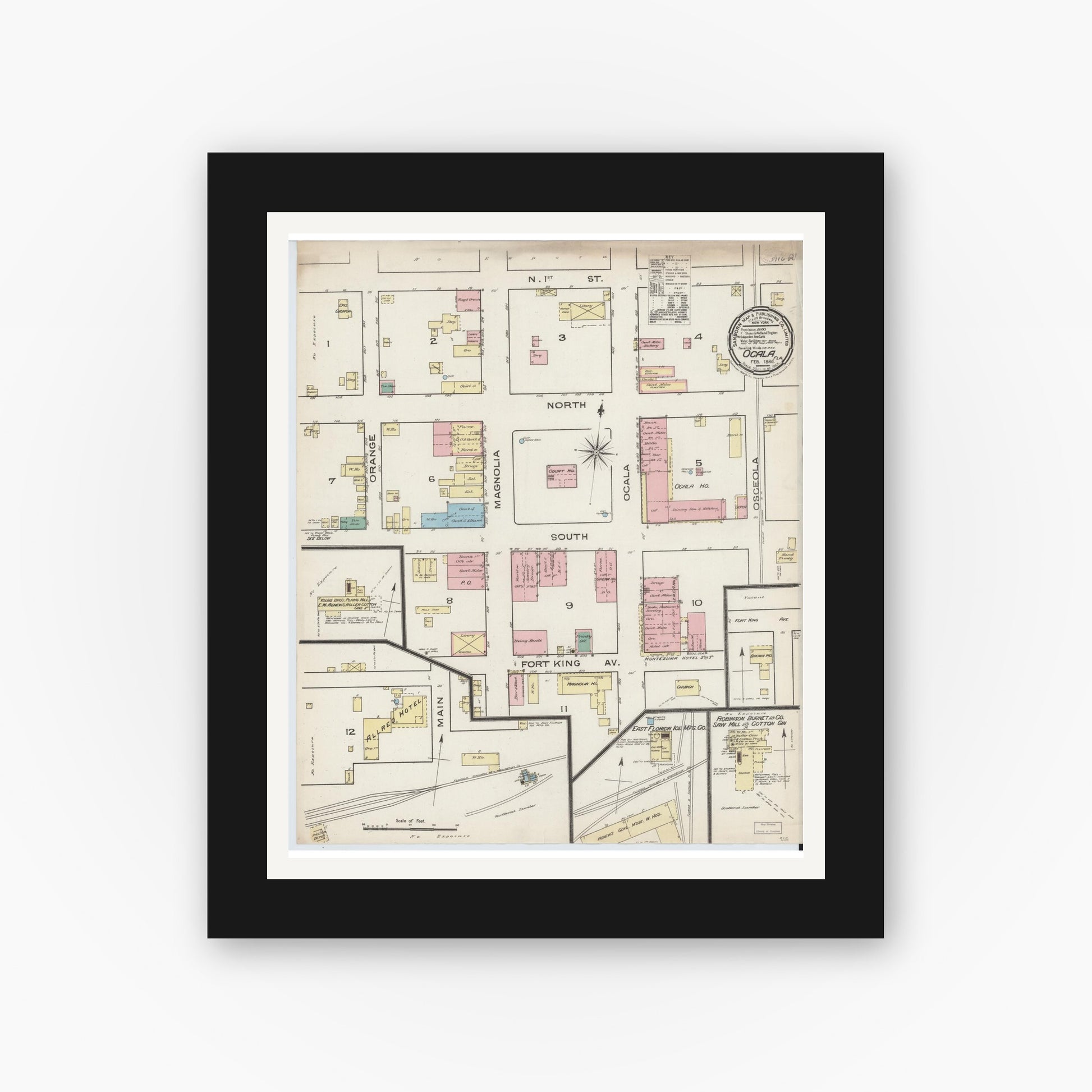 Old map wall art mockup — black gallery frame with white mat — Sanborn Fire Insurance Map from Ocala, Marion County, Florida (1886), Sheet #0001