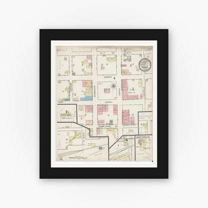 Old map wall art mockup — black gallery frame with white mat — Sanborn Fire Insurance Map from Ocala, Marion County, Florida (1886), Sheet #0001