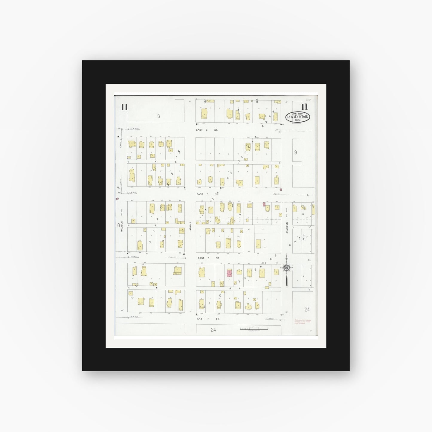 Old map wall art mockup — black gallery frame with white mat — Sanborn Fire Insurance Map from Iron Mountain, Dickinson County, Michigan (1930), Sheet #0011