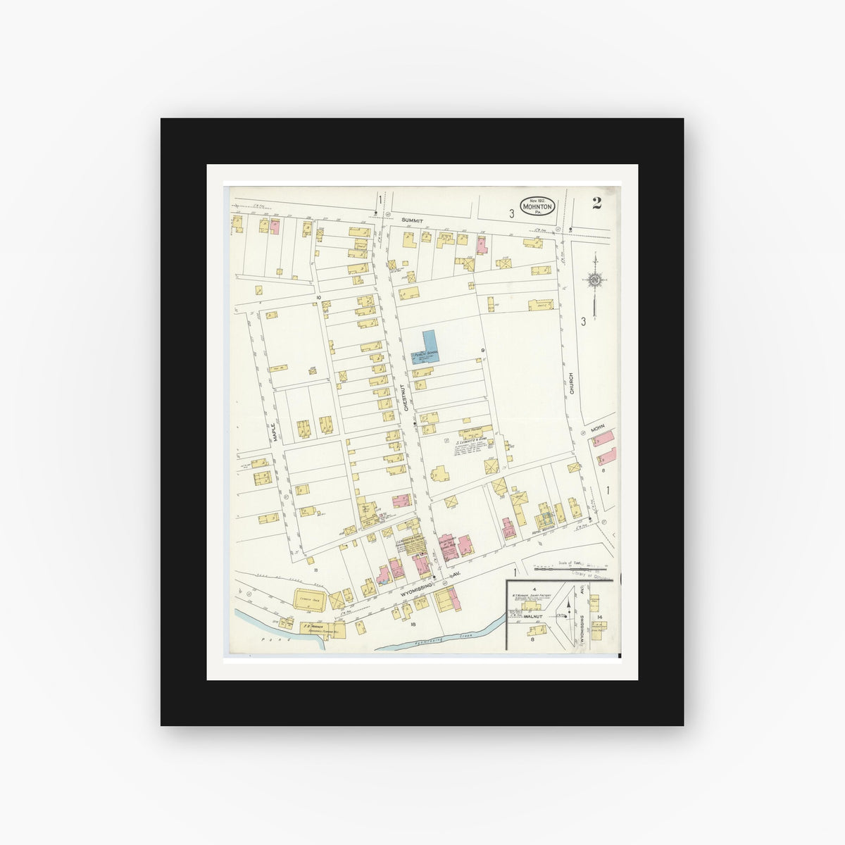 Old map wall art mockup — black gallery frame with white mat — Sanborn Fire Insurance Map from Mohnton, Berks County, Pennsylvania (1912), Sheet #0002