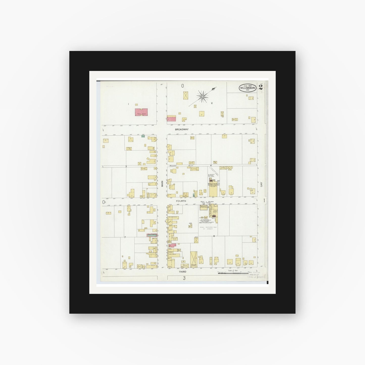 Old map wall art mockup — black gallery frame with white mat — Sanborn Fire Insurance Map from Williamsburg, Clermont County, Ohio (1900), Sheet #0002