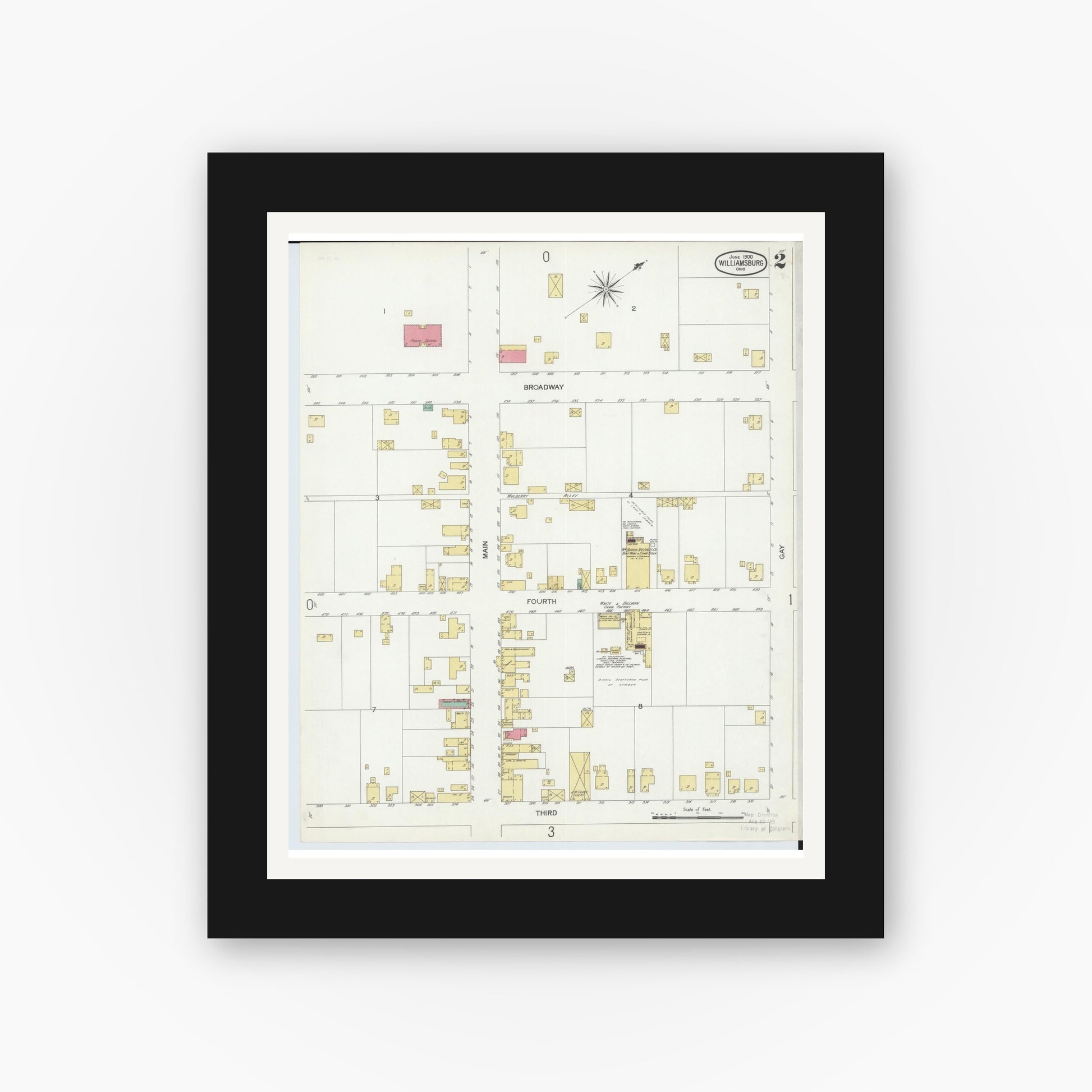 Old map wall art mockup — black gallery frame with white mat — Sanborn Fire Insurance Map from Williamsburg, Clermont County, Ohio (1900), Sheet #0002