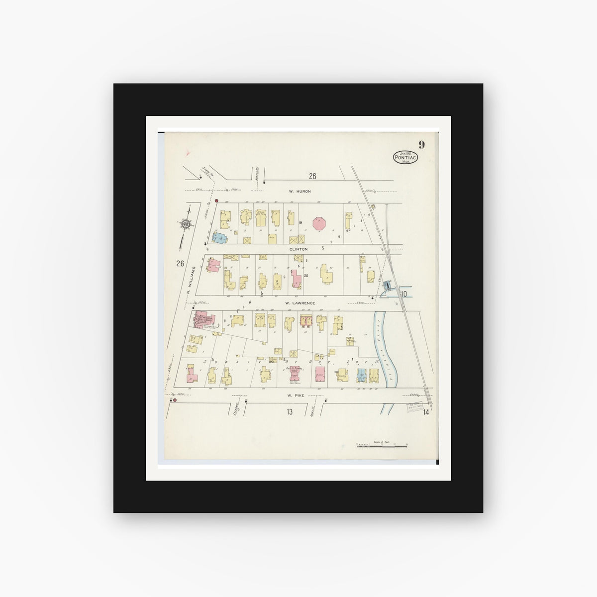 Old map wall art mockup — black gallery frame with white mat — Sanborn Fire Insurance Map from Pontiac, Oakland County, Michigan (1915), Sheet #0009