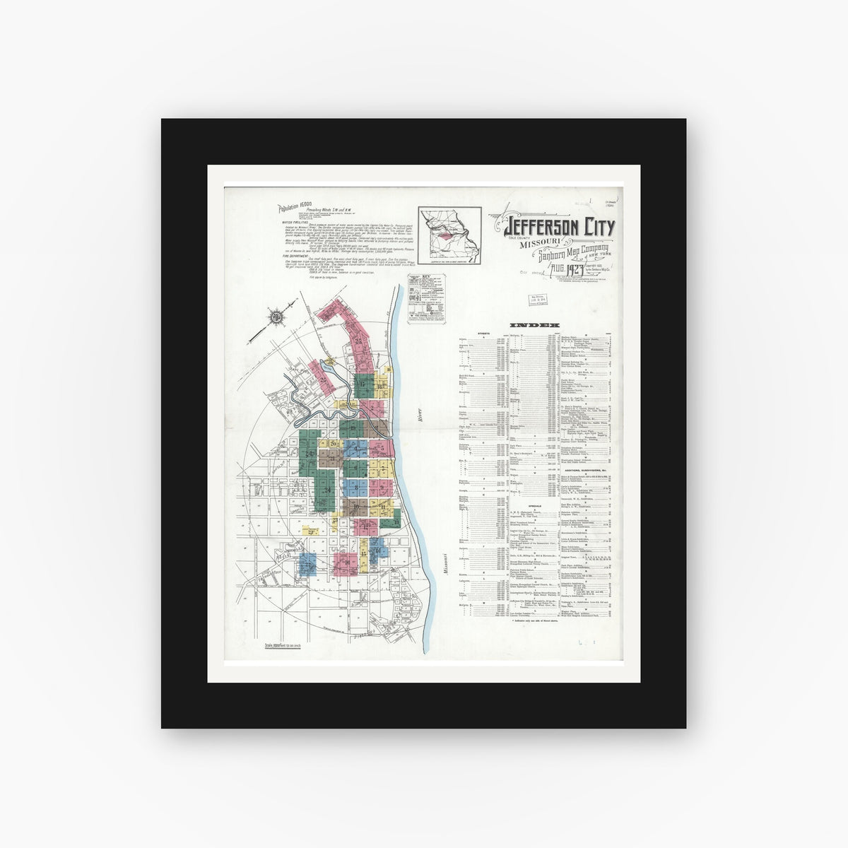 Old map wall art mockup — black gallery frame with white mat — Sanborn Fire Insurance Map from Jefferson City, Cole County, Missouri (1923), Sheet #0001
