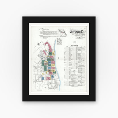 Old map wall art mockup — black gallery frame with white mat — Sanborn Fire Insurance Map from Jefferson City, Cole County, Missouri (1923), Sheet #0001