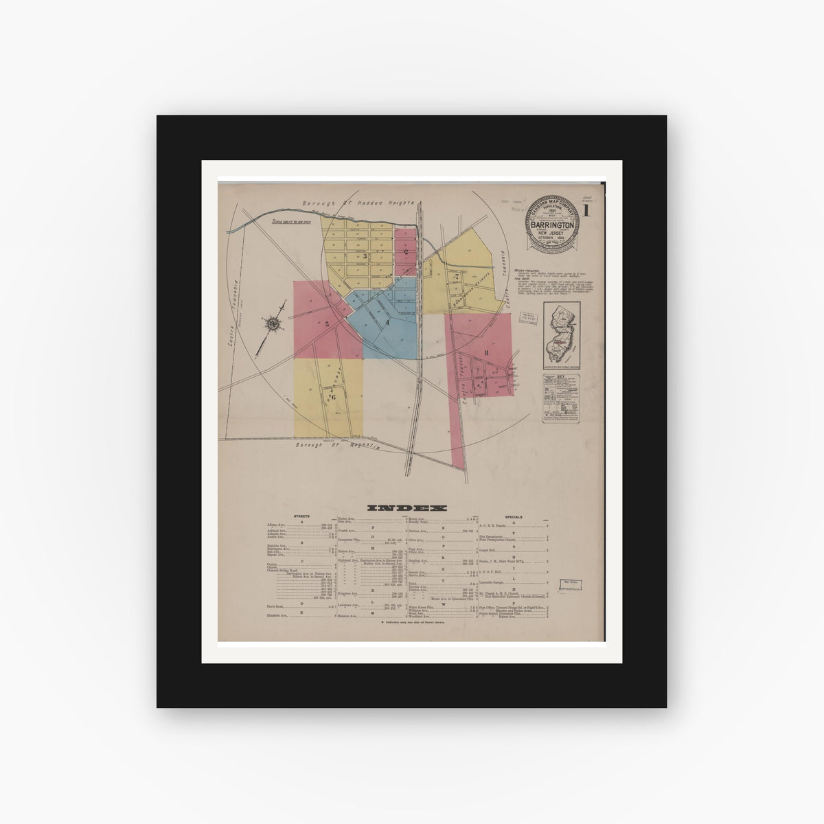 Old map wall art mockup — black gallery frame with white mat — Sanborn Fire Insurance Map from Barrington, Camden County, New Jersey (1922) - Complete Map Set