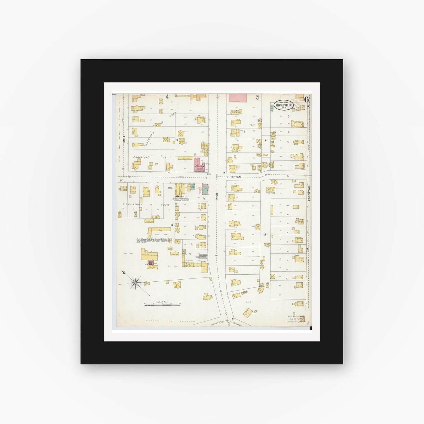 Old map wall art mockup — black gallery frame with white mat — Sanborn Fire Insurance Map from Hicksville, Defiance County, Ohio (1899), Sheet #0006