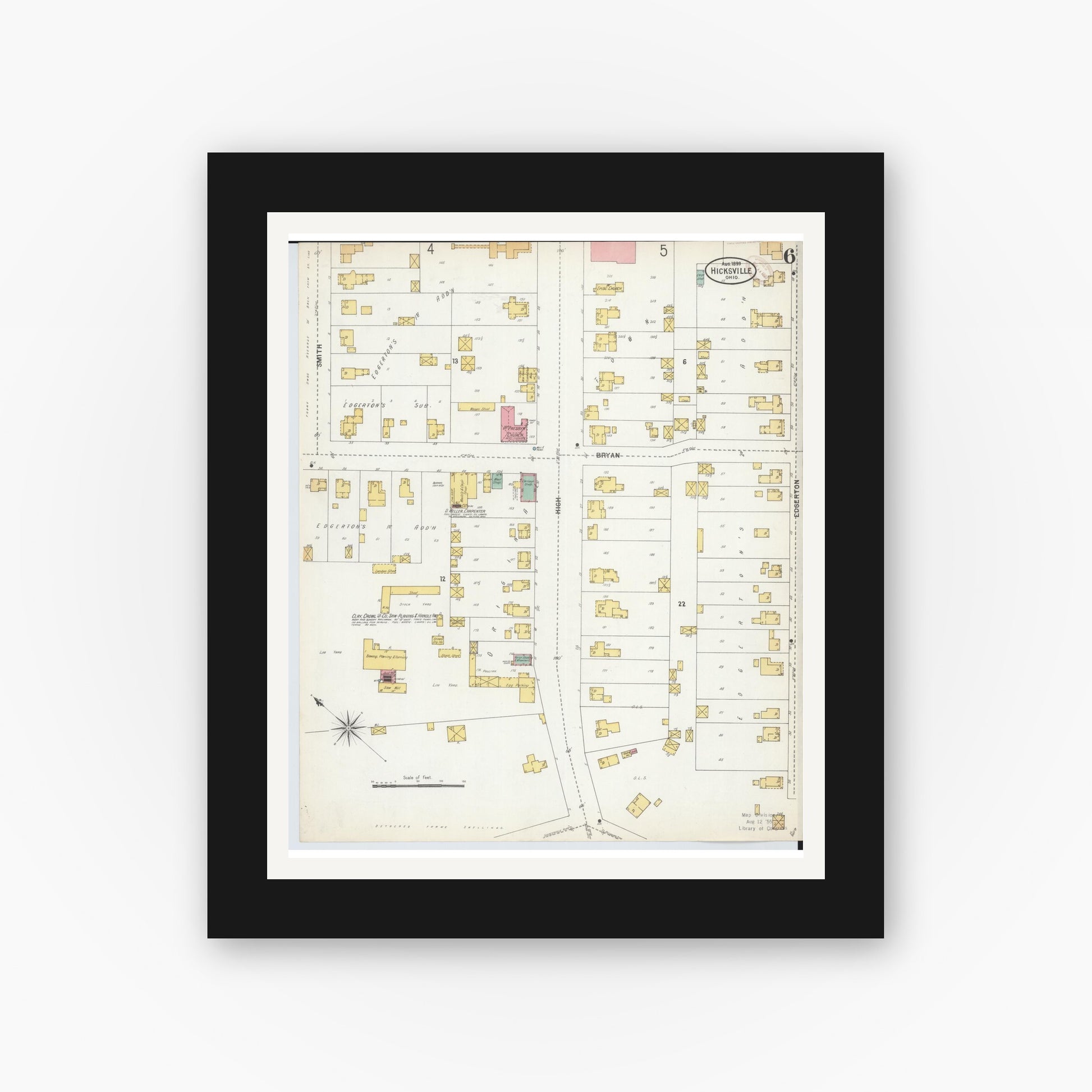 Old map wall art mockup — black gallery frame with white mat — Sanborn Fire Insurance Map from Hicksville, Defiance County, Ohio (1899), Sheet #0006