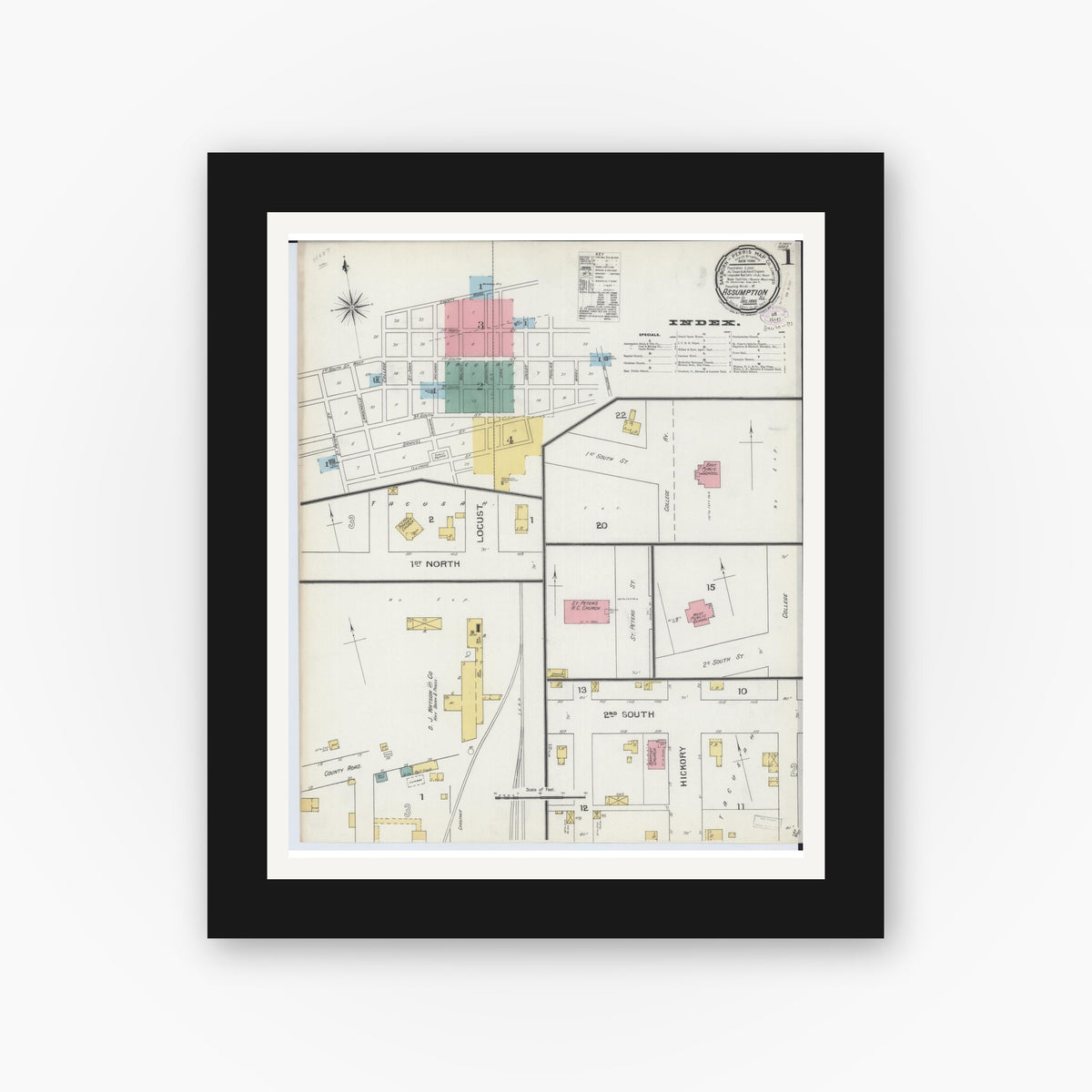 Old map wall art mockup — black gallery frame with white mat — Sanborn Fire Insurance Map from Assumption, Christian County, Illinois (1893) - Complete Map Set