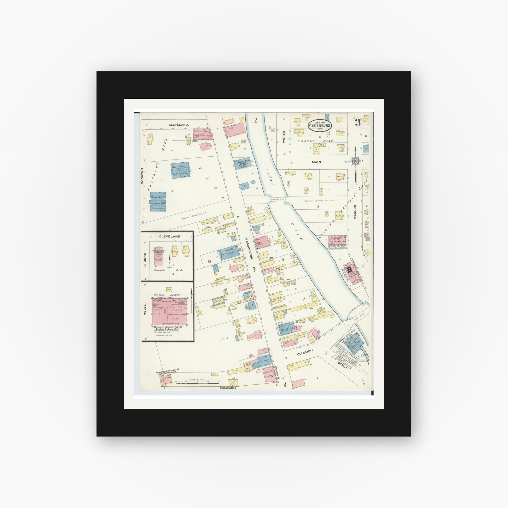 Old map wall art mockup — black gallery frame with white mat — Sanborn Fire Insurance Map from Cedarburg, Ozaukee County, Wisconsin (1910), Sheet #0003
