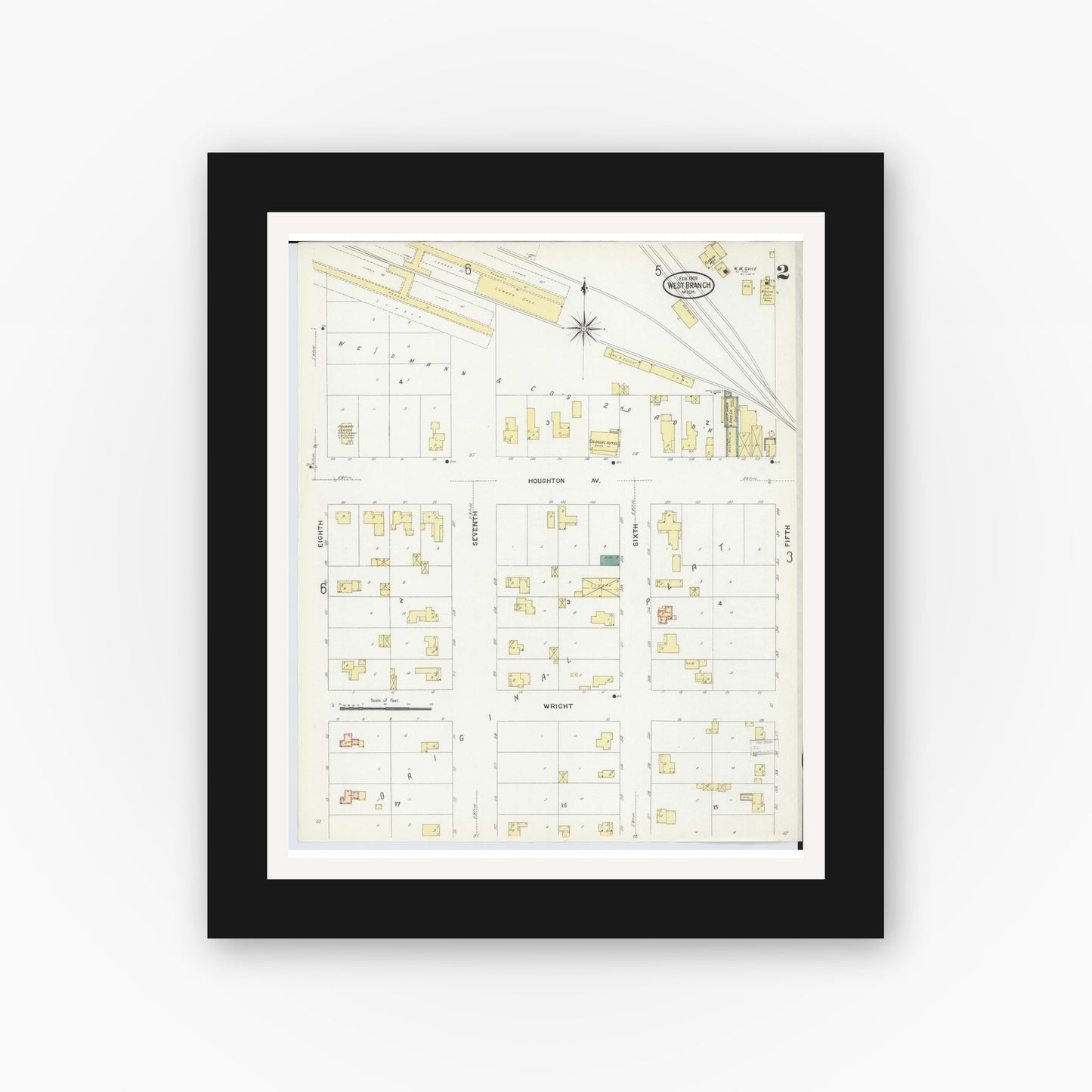 Old map wall art mockup — black gallery frame with white mat — Sanborn Fire Insurance Map from West Branch, Ogemaw County, Michigan (1909), Sheet #0002