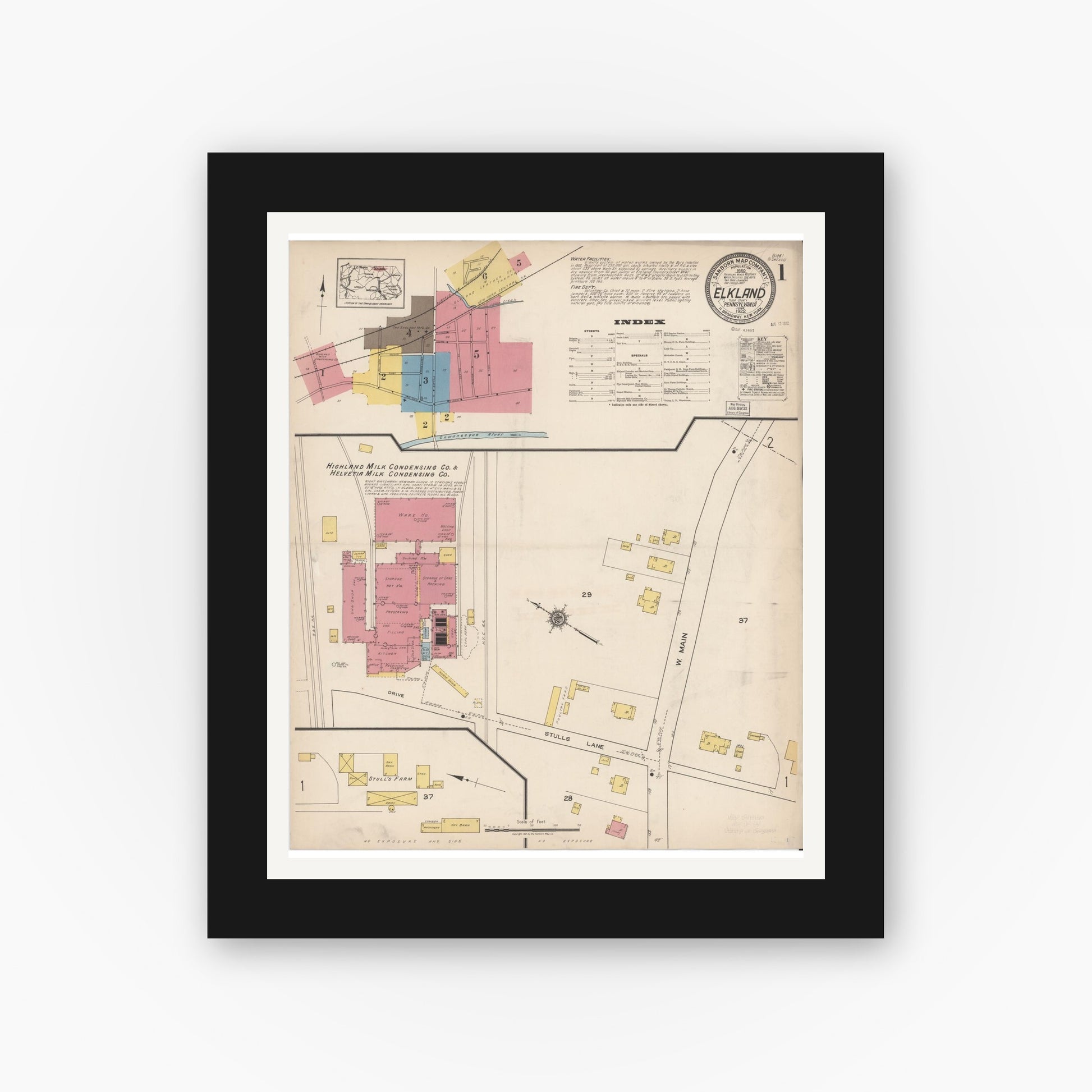 Old map wall art mockup — black gallery frame with white mat — Sanborn Fire Insurance Map from Elkland, Tioga County, Pennsylvania (1922), Sheet #0001