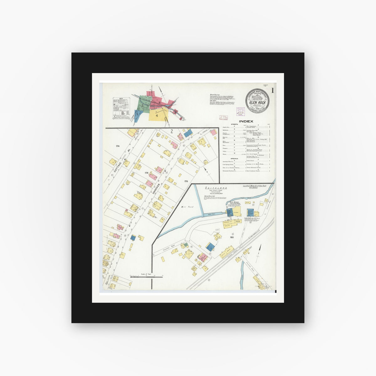 Old map wall art mockup — black gallery frame with white mat — Sanborn Fire Insurance Map from Glen Rock, York County, Pennsylvania (1908), Sheet #0001