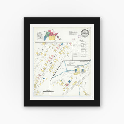 Old map wall art mockup — black gallery frame with white mat — Sanborn Fire Insurance Map from Glen Rock, York County, Pennsylvania (1908), Sheet #0001