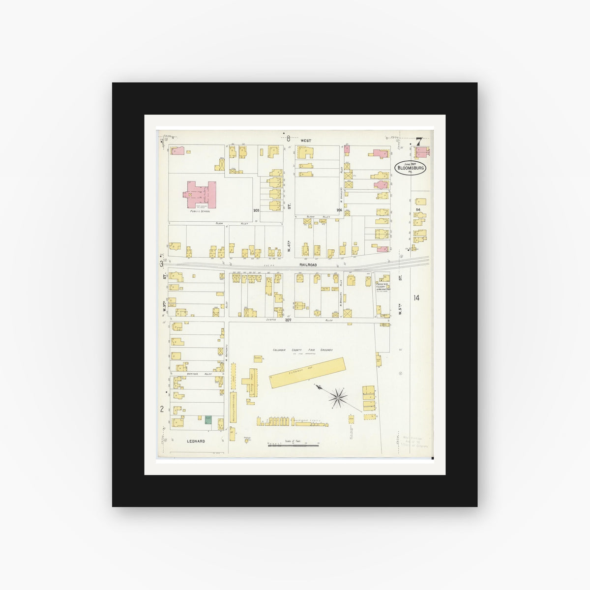 Old map wall art mockup — black gallery frame with white mat — Sanborn Fire Insurance Map from Bloomsburg, Columbia County, Pennsylvania (1907), Sheet #0007