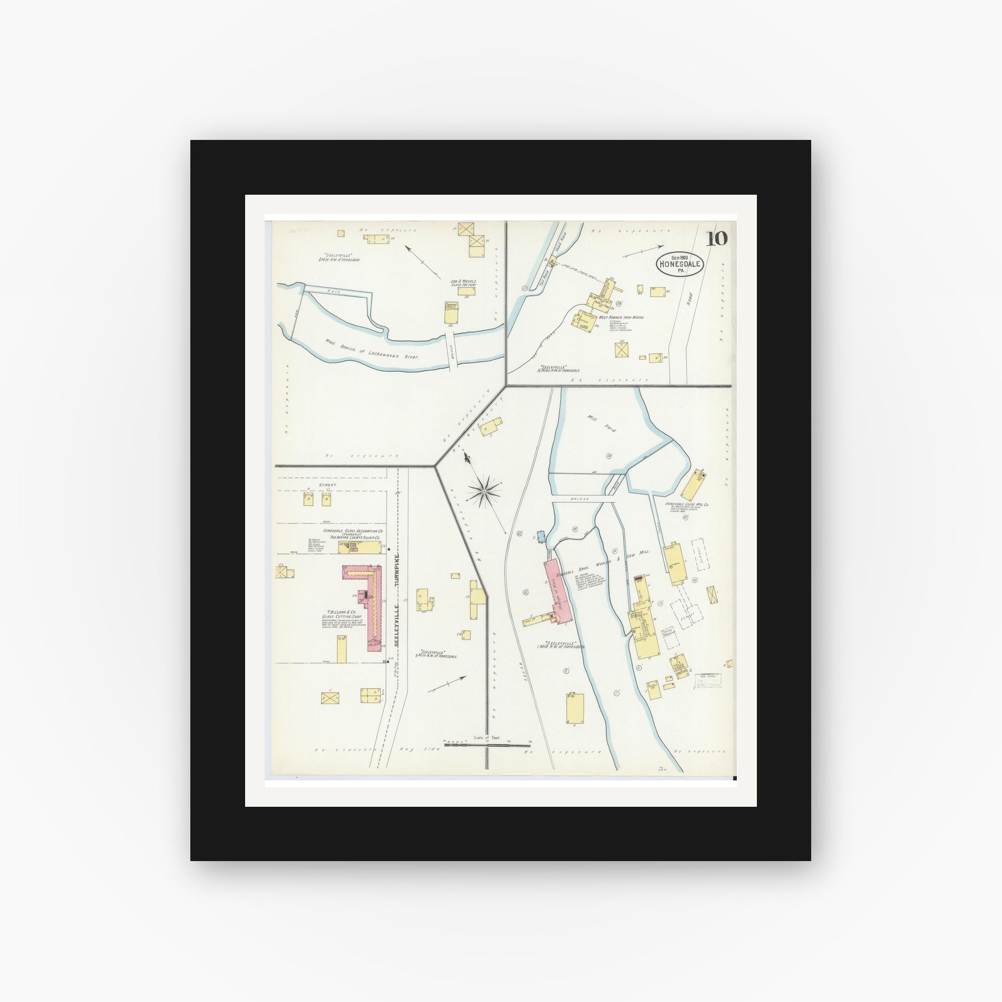 Old map wall art mockup — black gallery frame with white mat — Sanborn Fire Insurance Map from Honesdale, Wayne County, Pennsylvania (1903), Sheet #0010