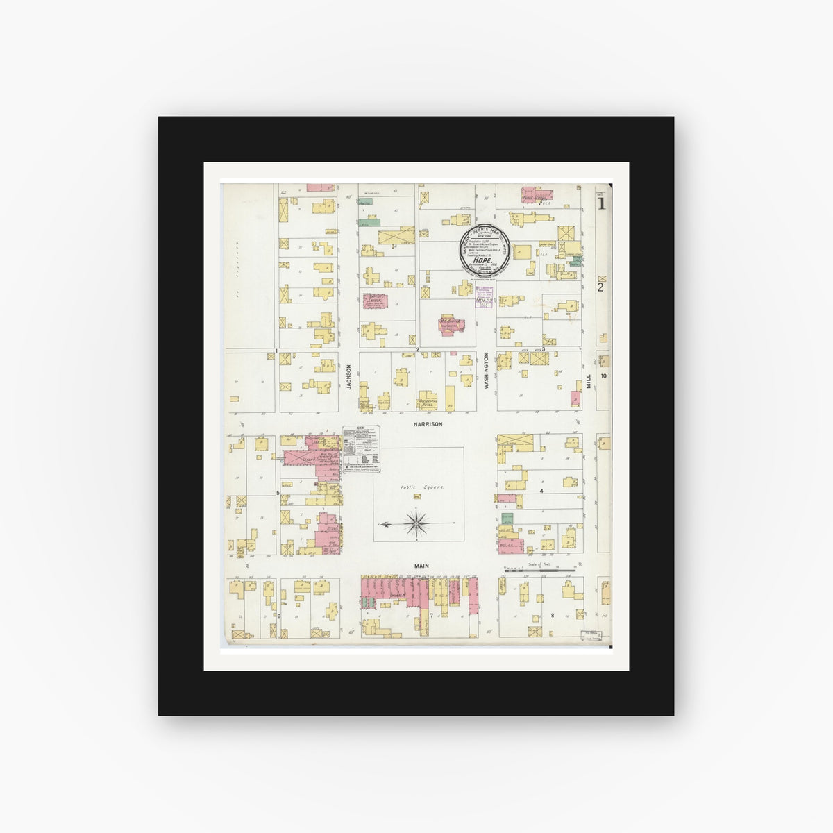Old map wall art mockup — black gallery frame with white mat — Sanborn Fire Insurance Map from Hope, Bartholomew County, Indiana (1901), Sheet #0001