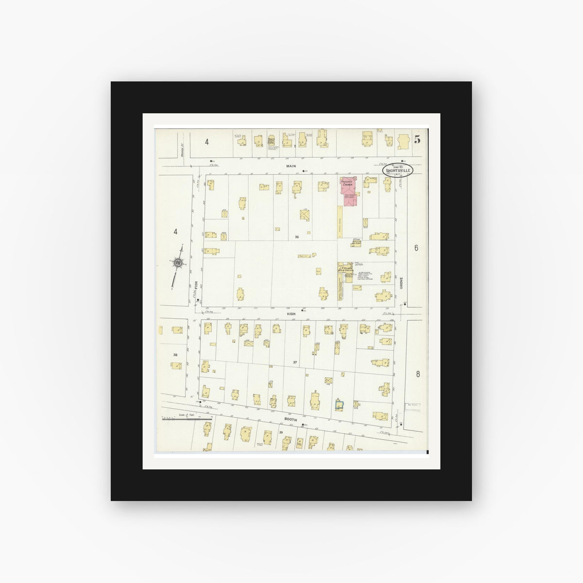 Old map wall art mockup — black gallery frame with white mat — Sanborn Fire Insurance Map from Shortsville, Ontario County, New York (1911), Sheet #0005
