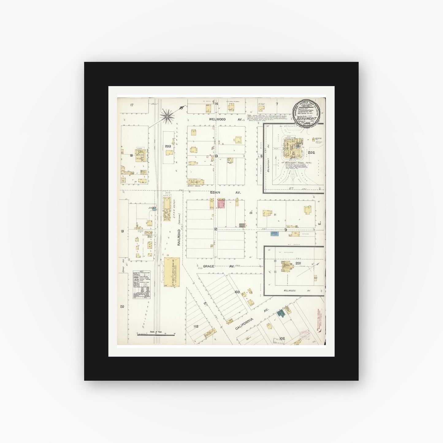Old map wall art mockup — black gallery frame with white mat — Sanborn Fire Insurance Map from Beaumont, Riverside County, California (1895), Sheet #0001