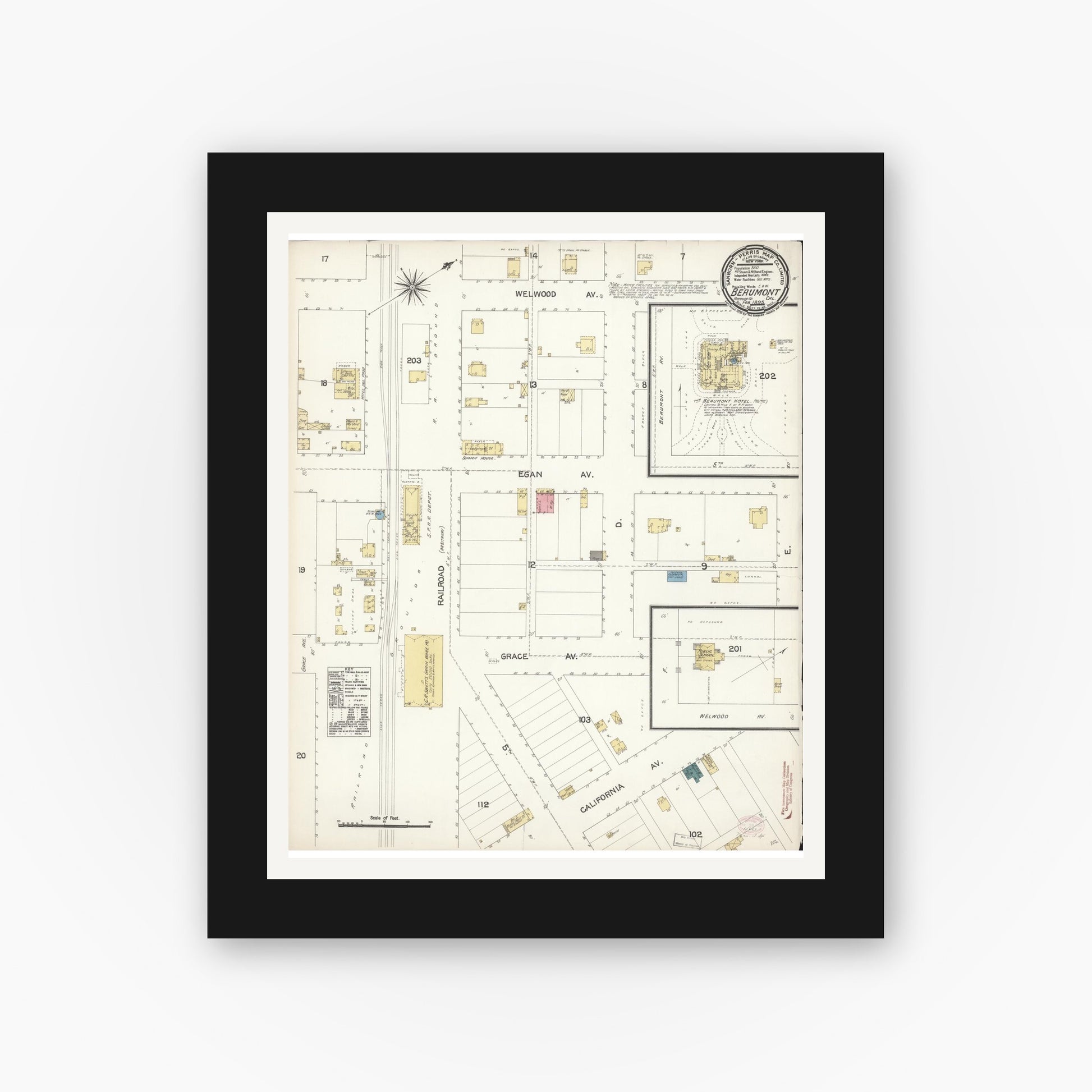Old map wall art mockup — black gallery frame with white mat — Sanborn Fire Insurance Map from Beaumont, Riverside County, California (1895), Sheet #0001