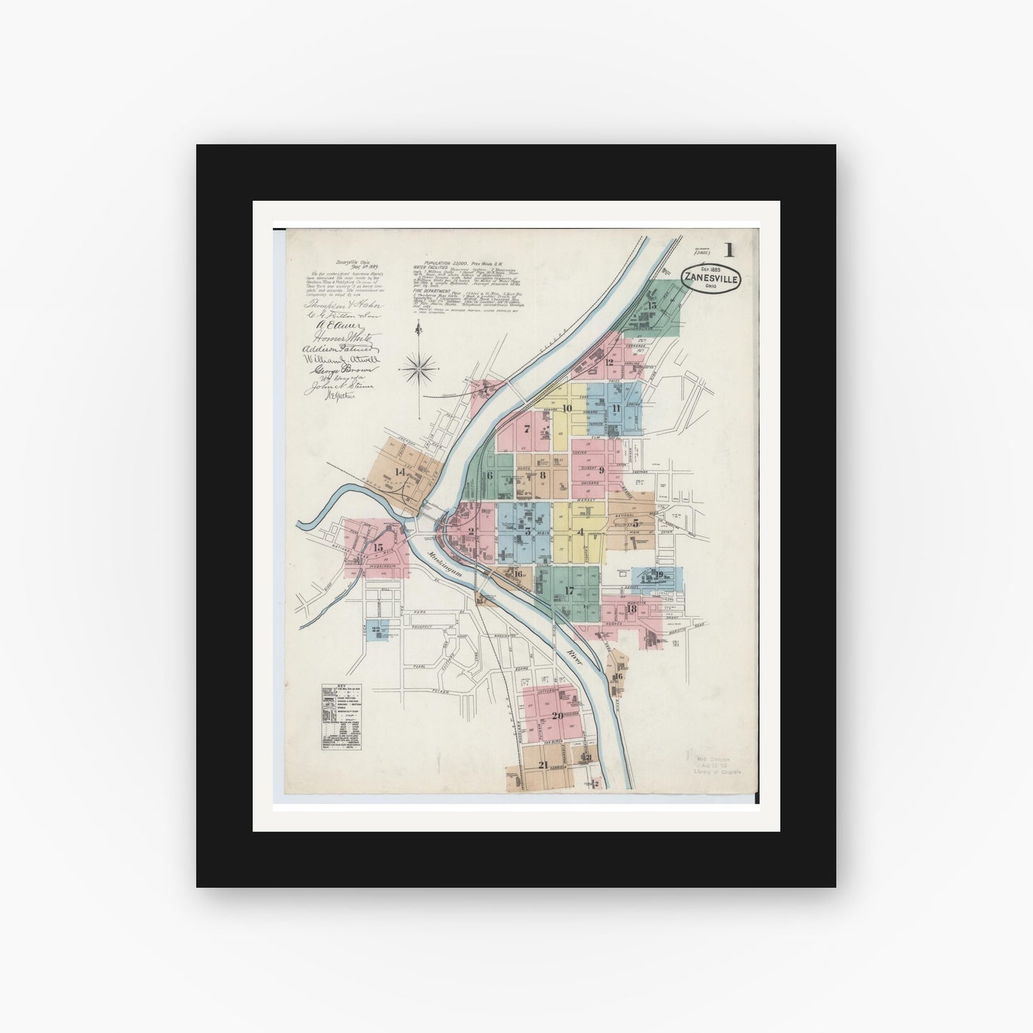 Old map wall art mockup — black gallery frame with white mat — Sanborn Fire Insurance Map from Zanesville, Muskingum County, Ohio (1889) - Complete Map Set