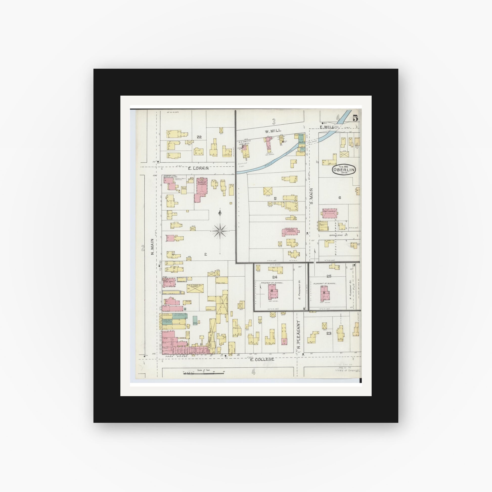 Old map wall art mockup — black gallery frame with white mat — Sanborn Fire Insurance Map from Oberlin, Lorain County, Ohio (1893), Sheet #0005