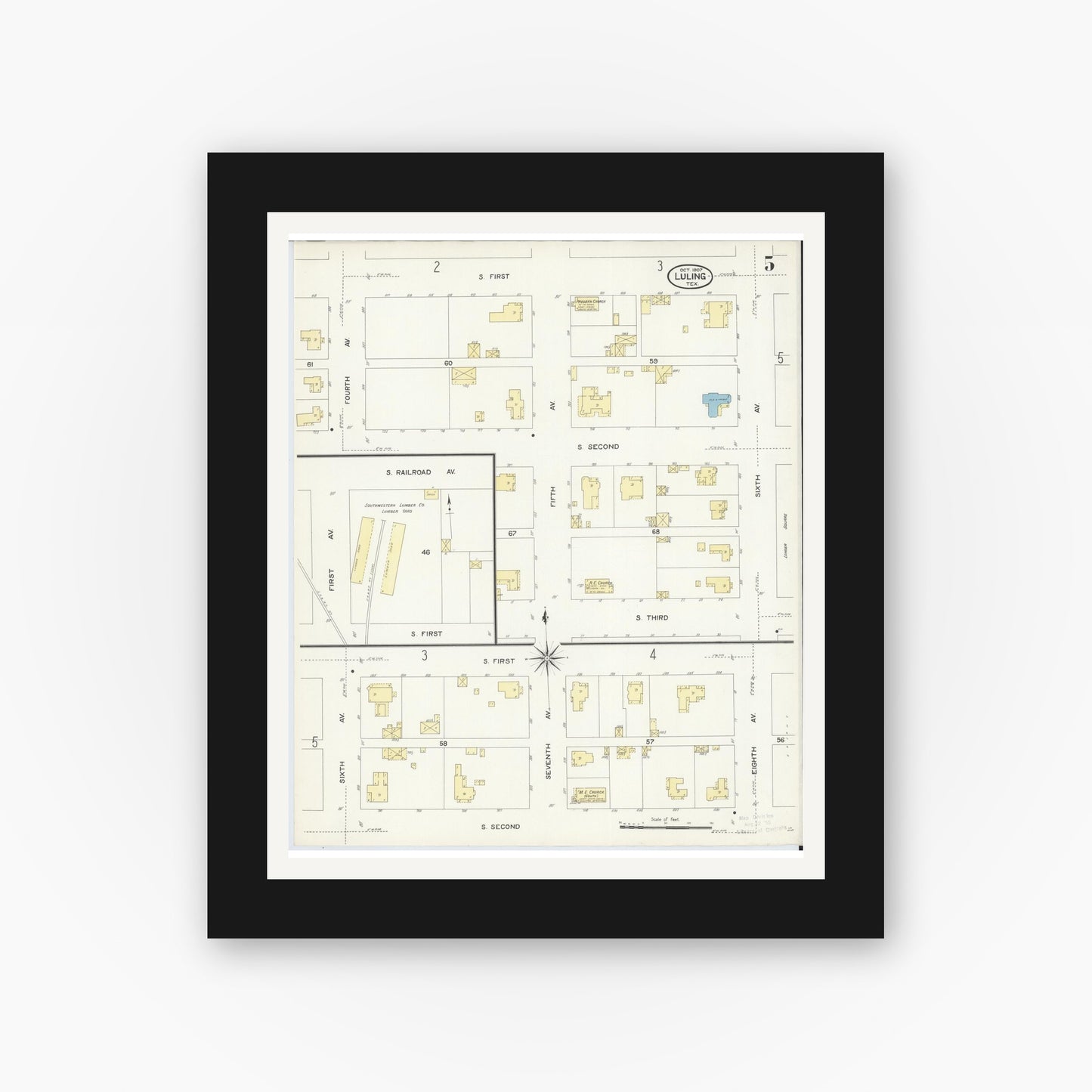 Old map wall art mockup — black gallery frame with white mat — Sanborn Fire Insurance Map from Luling, Caldwell County, Texas (1907), Sheet #0005