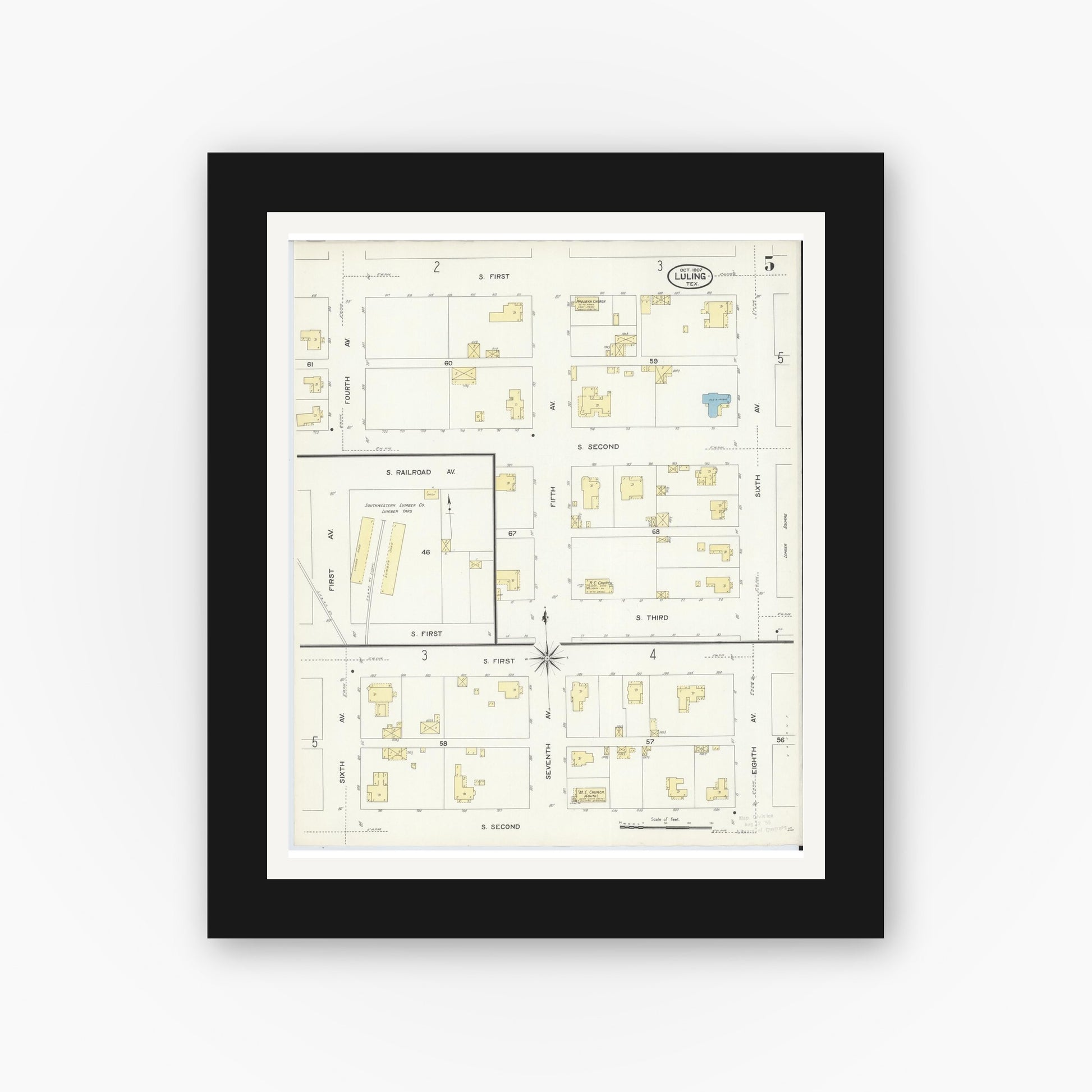 Old map wall art mockup — black gallery frame with white mat — Sanborn Fire Insurance Map from Luling, Caldwell County, Texas (1907), Sheet #0005