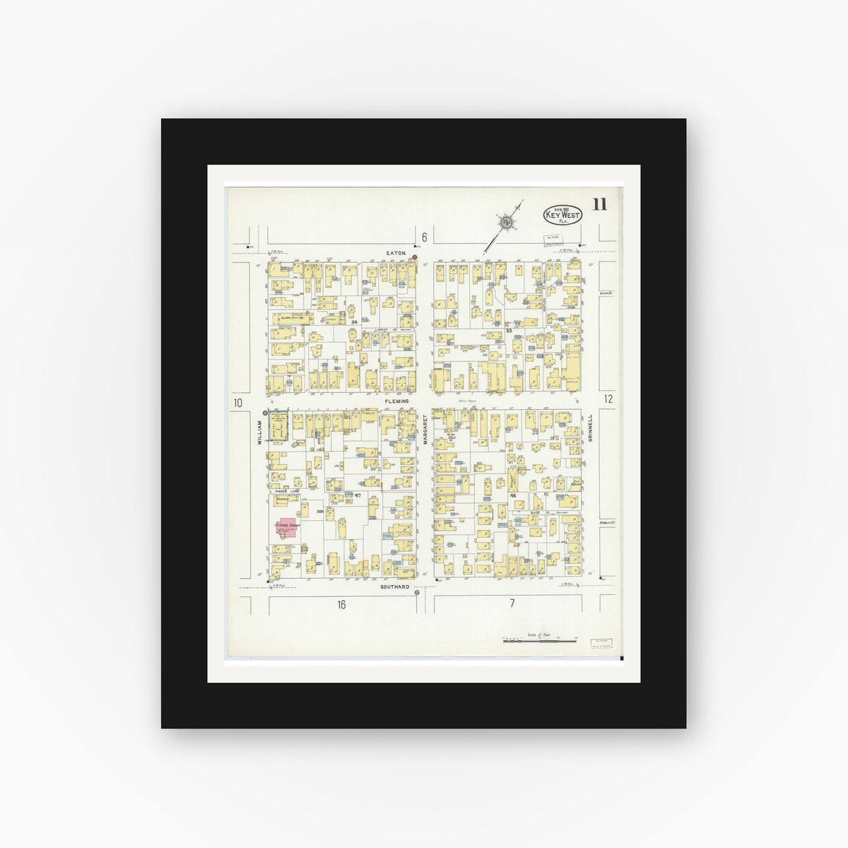 Old map wall art mockup — black gallery frame with white mat — Sanborn Fire Insurance Map from Key West, Monroe County, Florida (1912), Sheet #0011